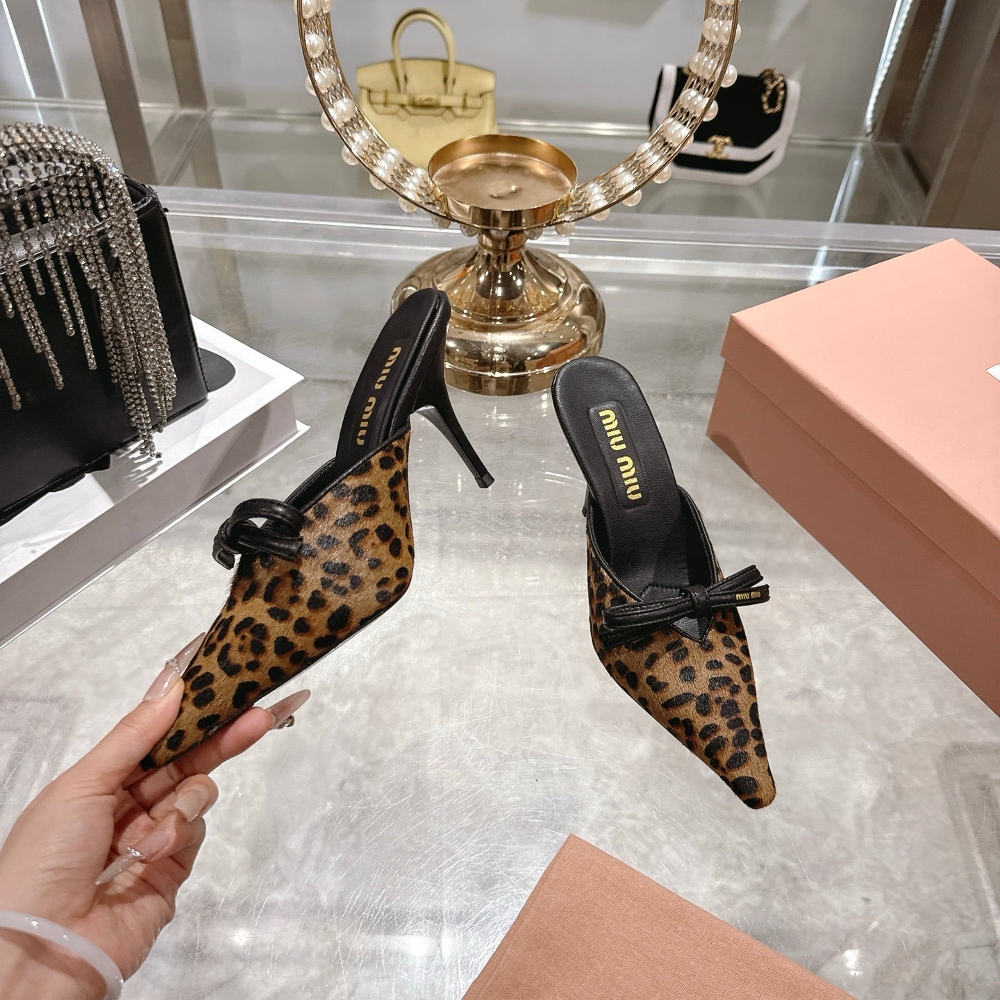 Miu 26 Pointed Toe High Heel Mule Leopard Print Sheepskin 592085