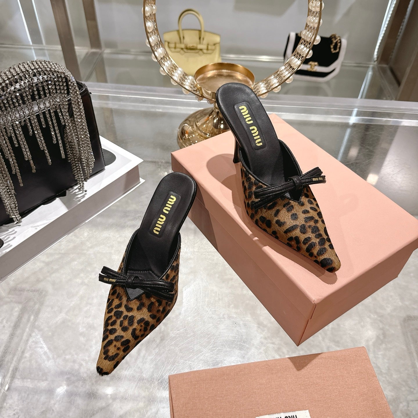 Miu 26 Pointed Toe High Heel Mule Leopard Print Sheepskin 592085