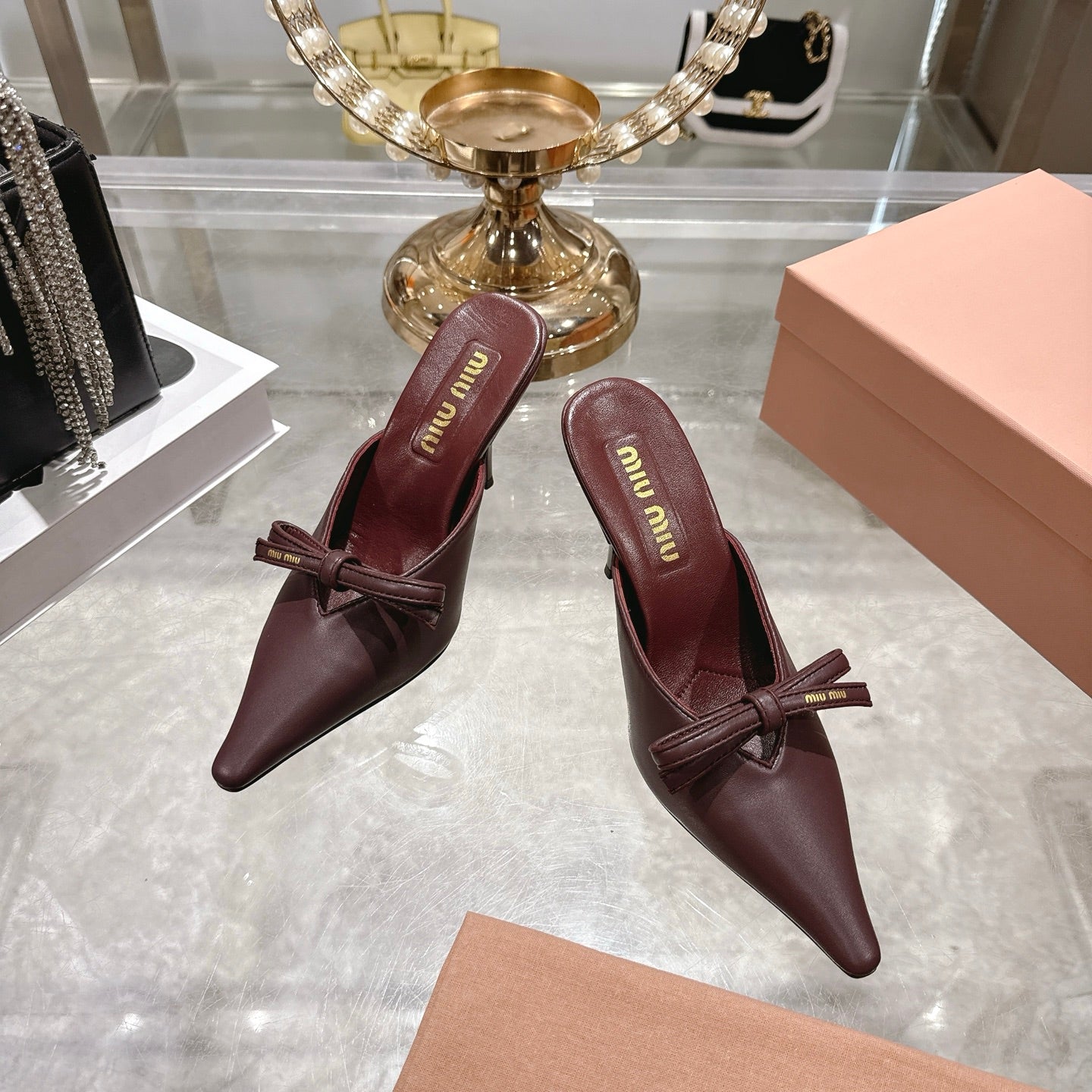 Miu 26 Pointed Toe High Heel Burgundy Sheepskin 592086