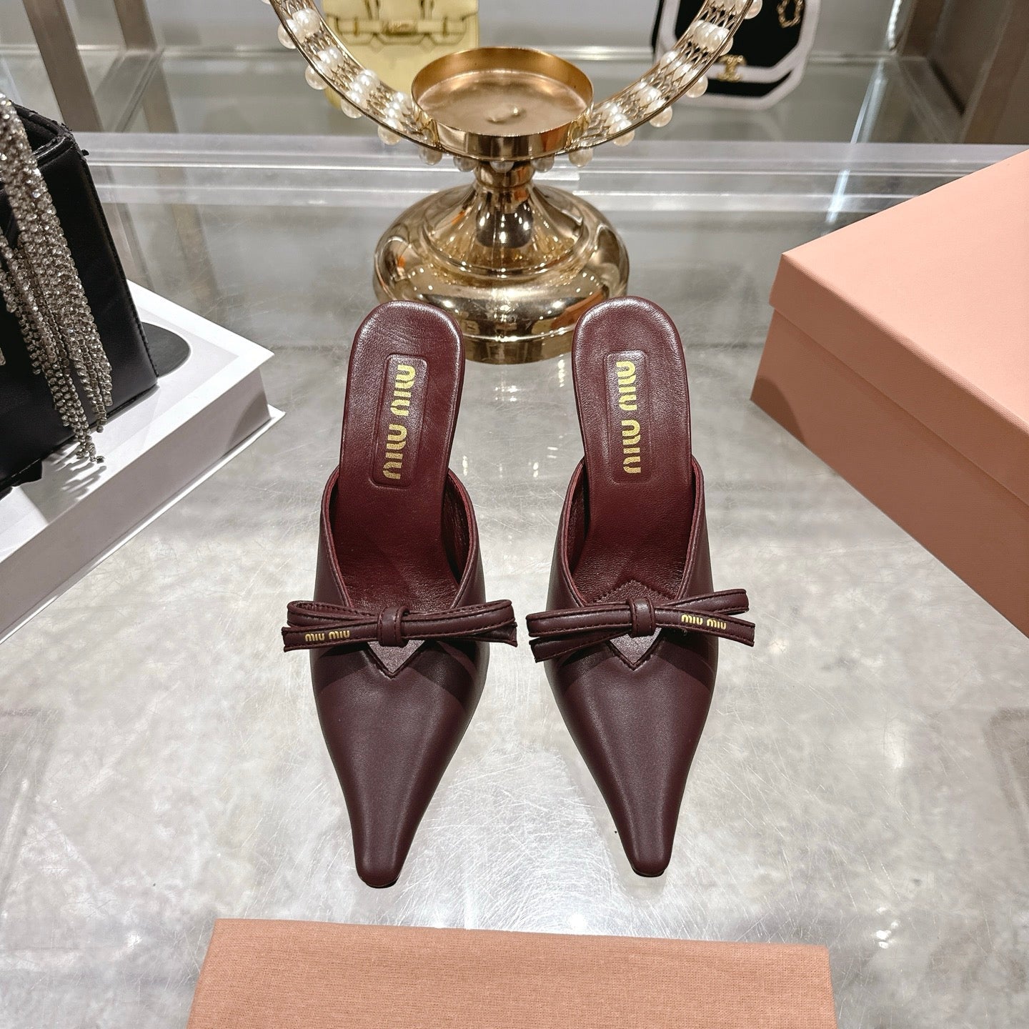 Miu 26 Pointed Toe High Heel Burgundy Sheepskin 592086