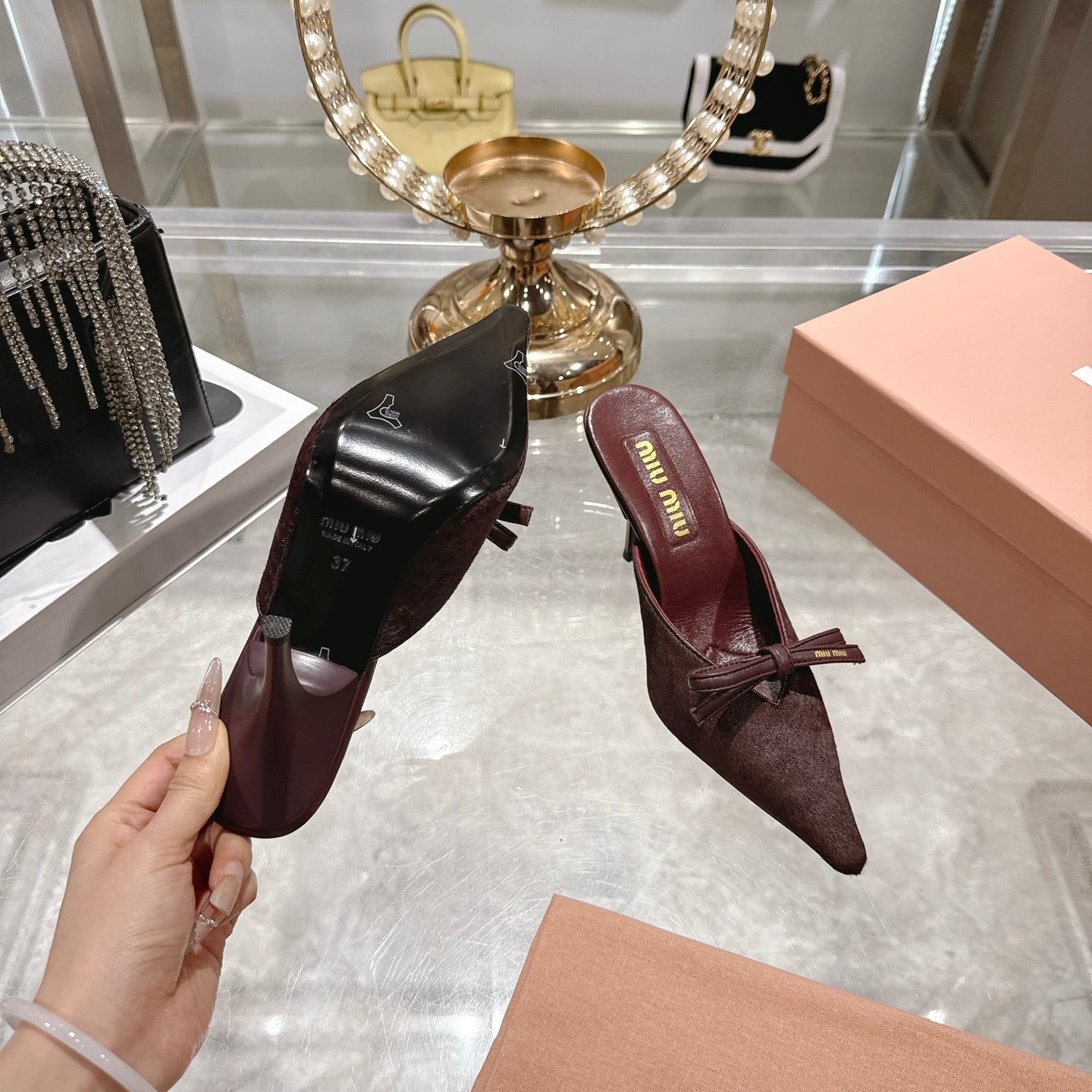 Miu 26 Pointed Toe High Heel Burgundy Suede Sheepskin 592088