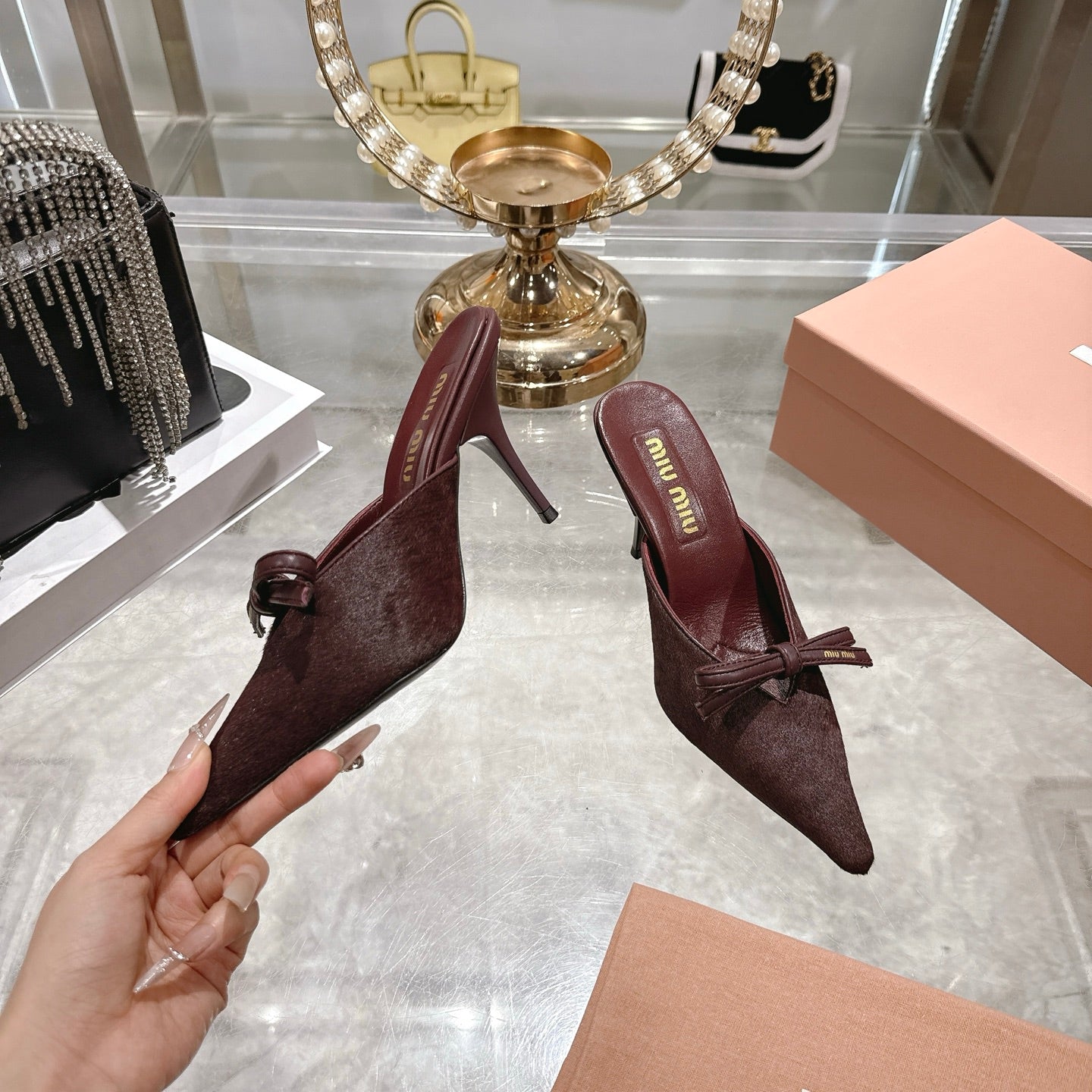 Miu 26 Pointed Toe High Heel Burgundy Suede Sheepskin 592088