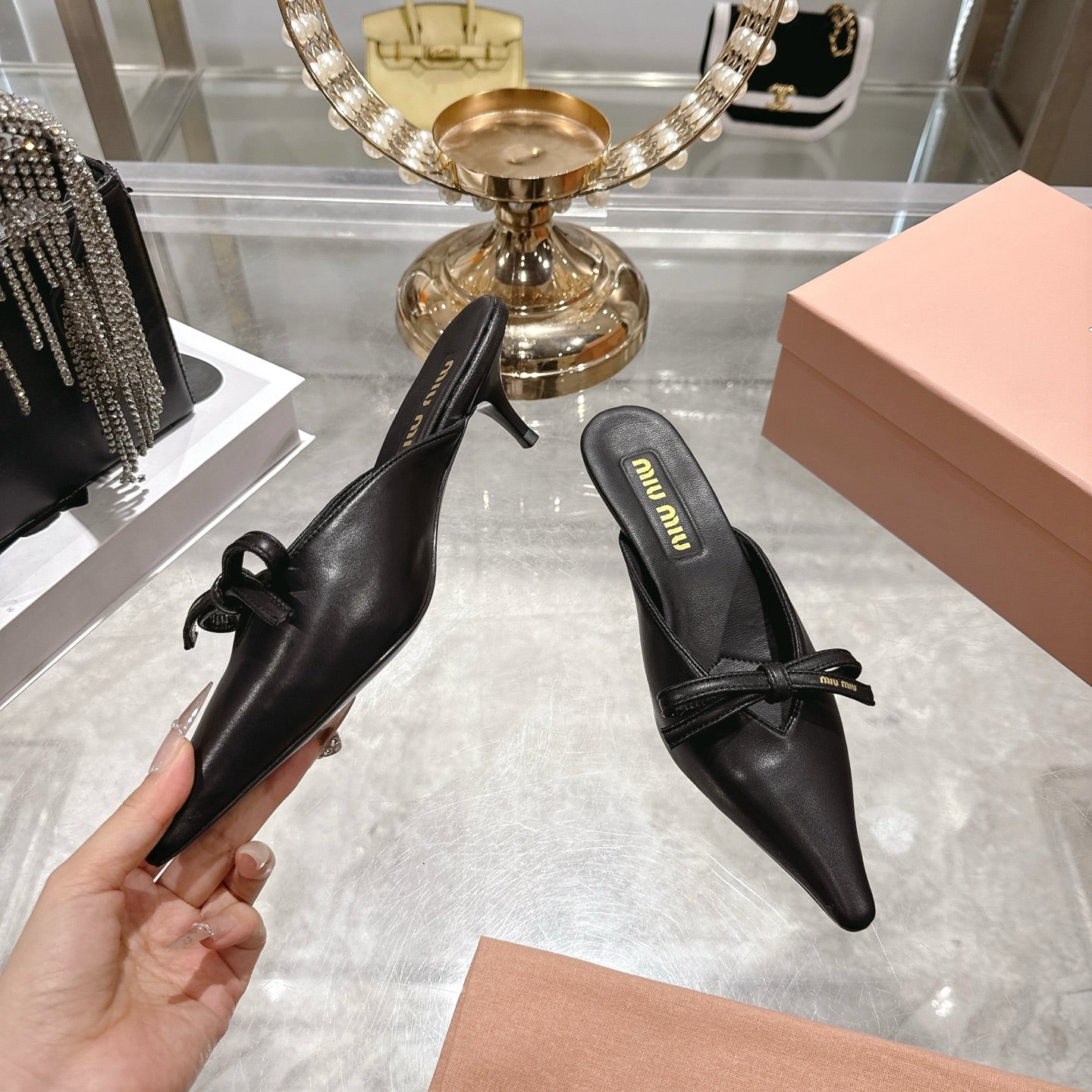 Miu 26 Pointed Toe Mule 45 Black  Sheepskin 592089