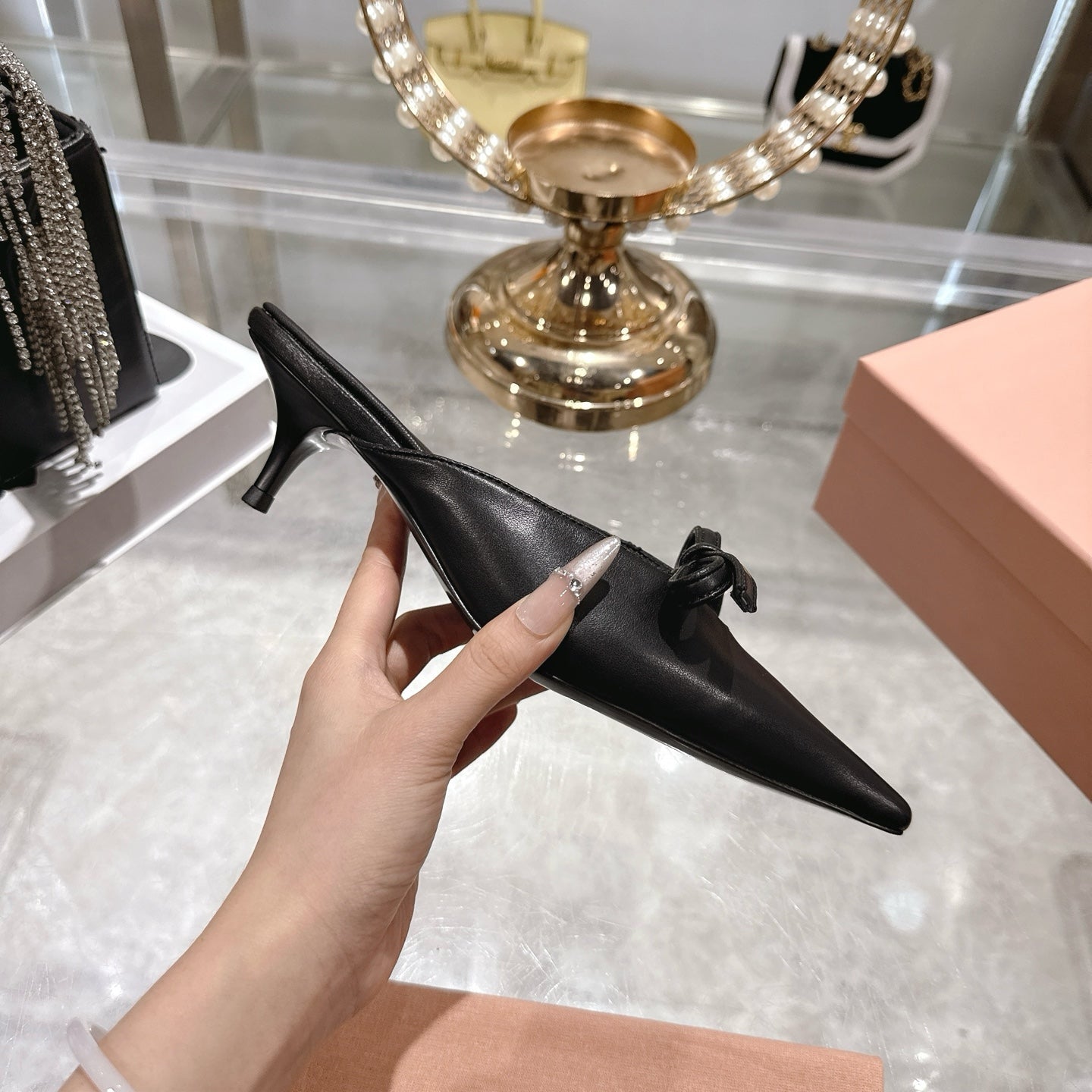 Miu 26 Pointed Toe Mule 45 Black  Sheepskin 592089