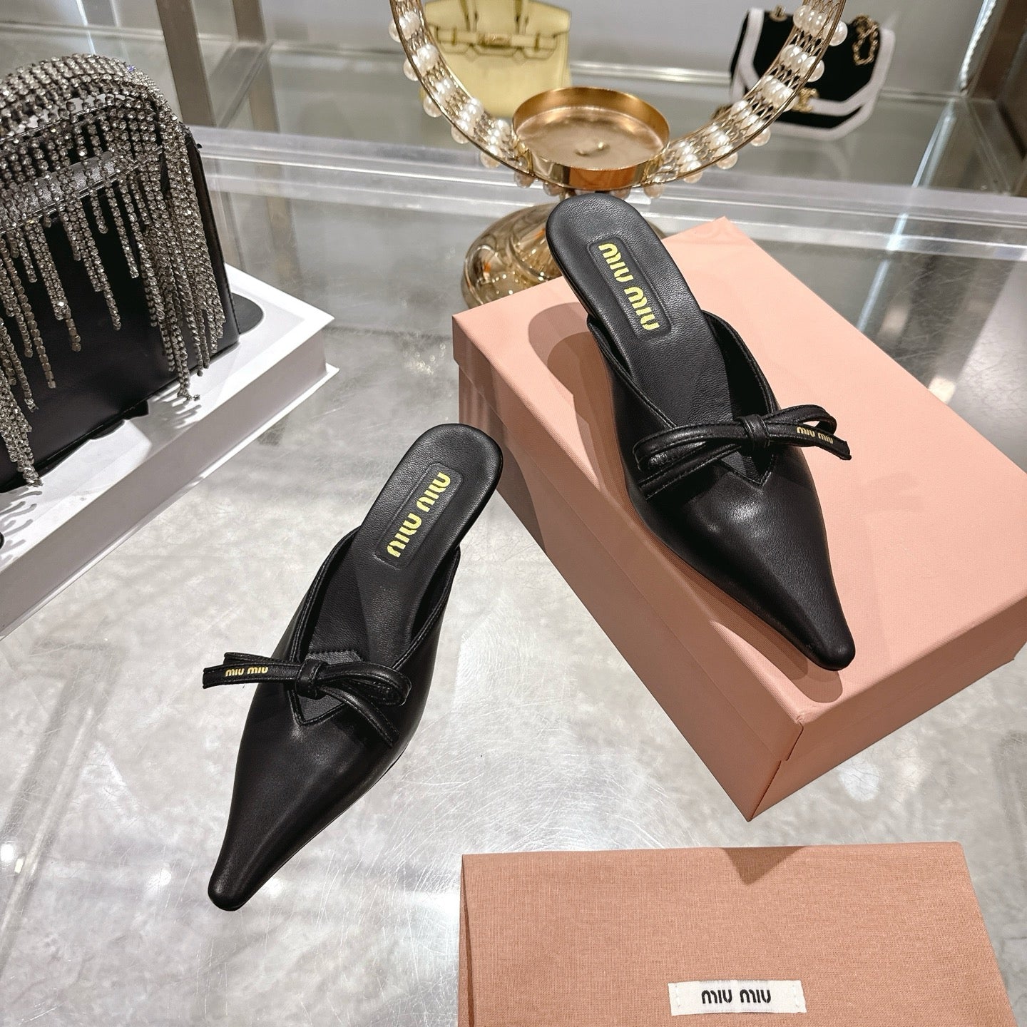 Miu 26 Pointed Toe Mule 45 Black  Sheepskin 592089