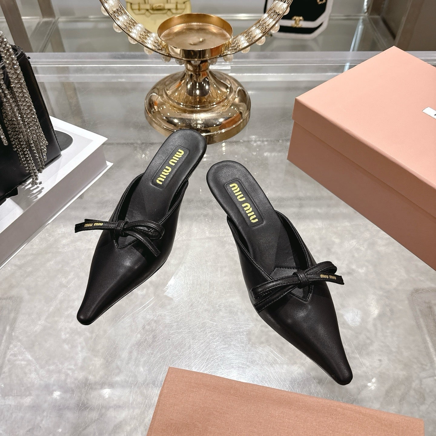 Miu 26 Pointed Toe Mule 45 Black  Sheepskin 592089