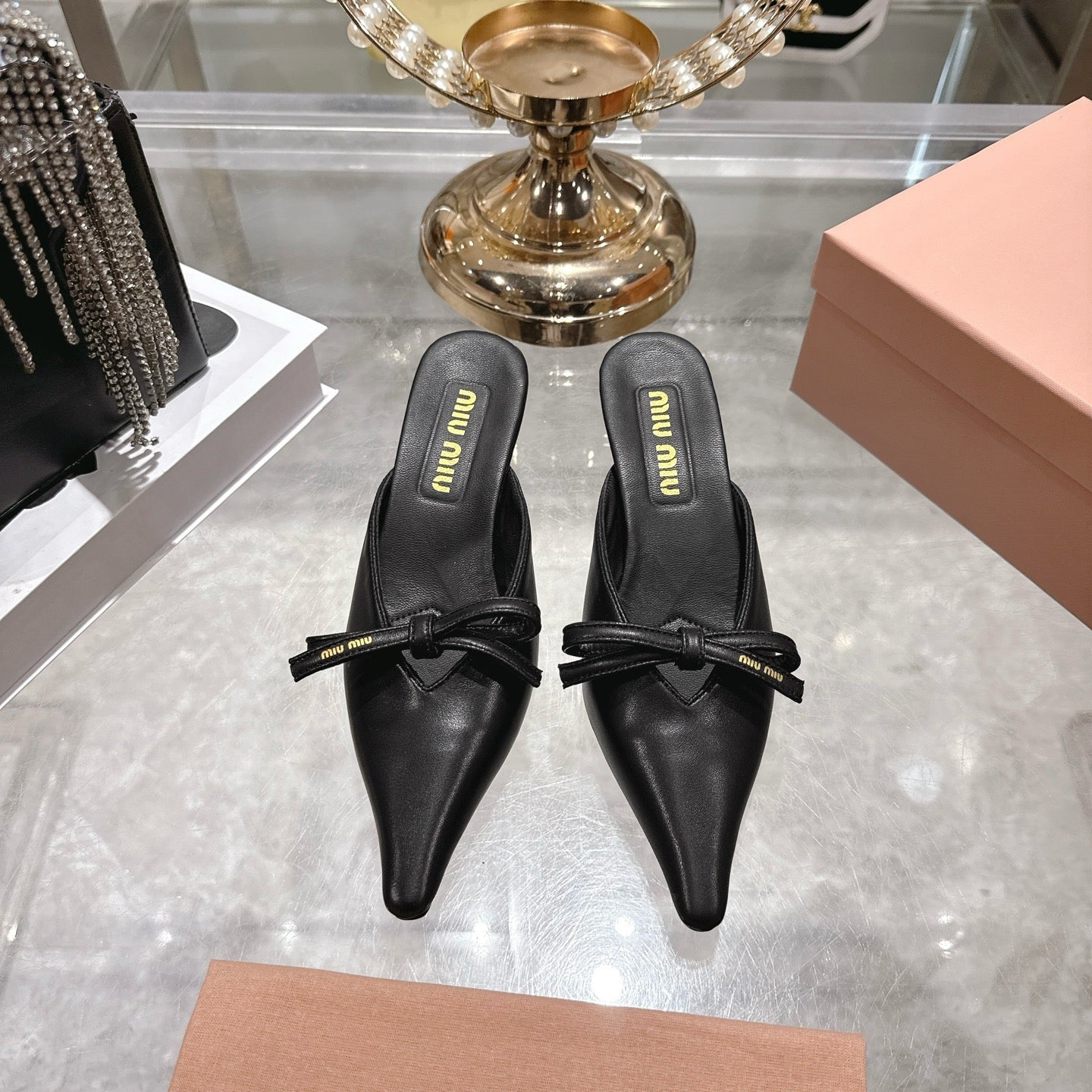 Miu 26 Pointed Toe Mule 45 Black  Sheepskin 592089