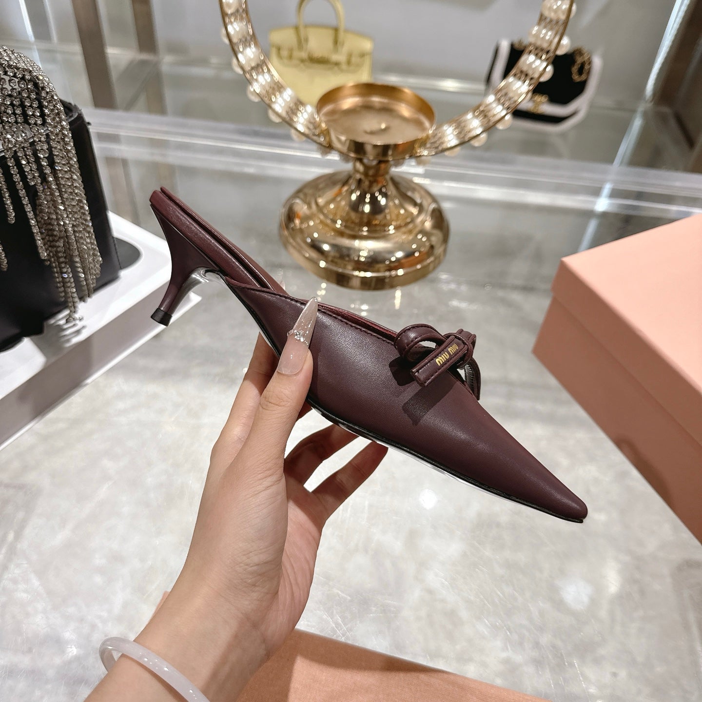 Miu 26 Pointed Toe Mule 45 Burgundy Sheepskin 592090