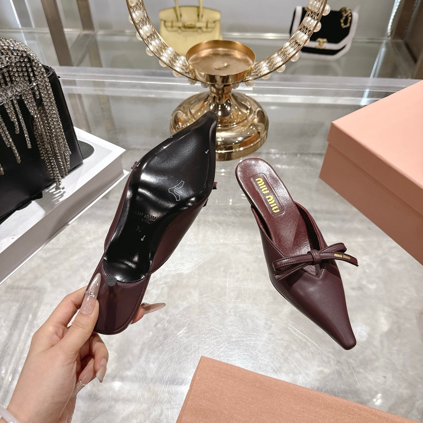 Miu 26 Pointed Toe Mule 45 Burgundy Sheepskin 592090