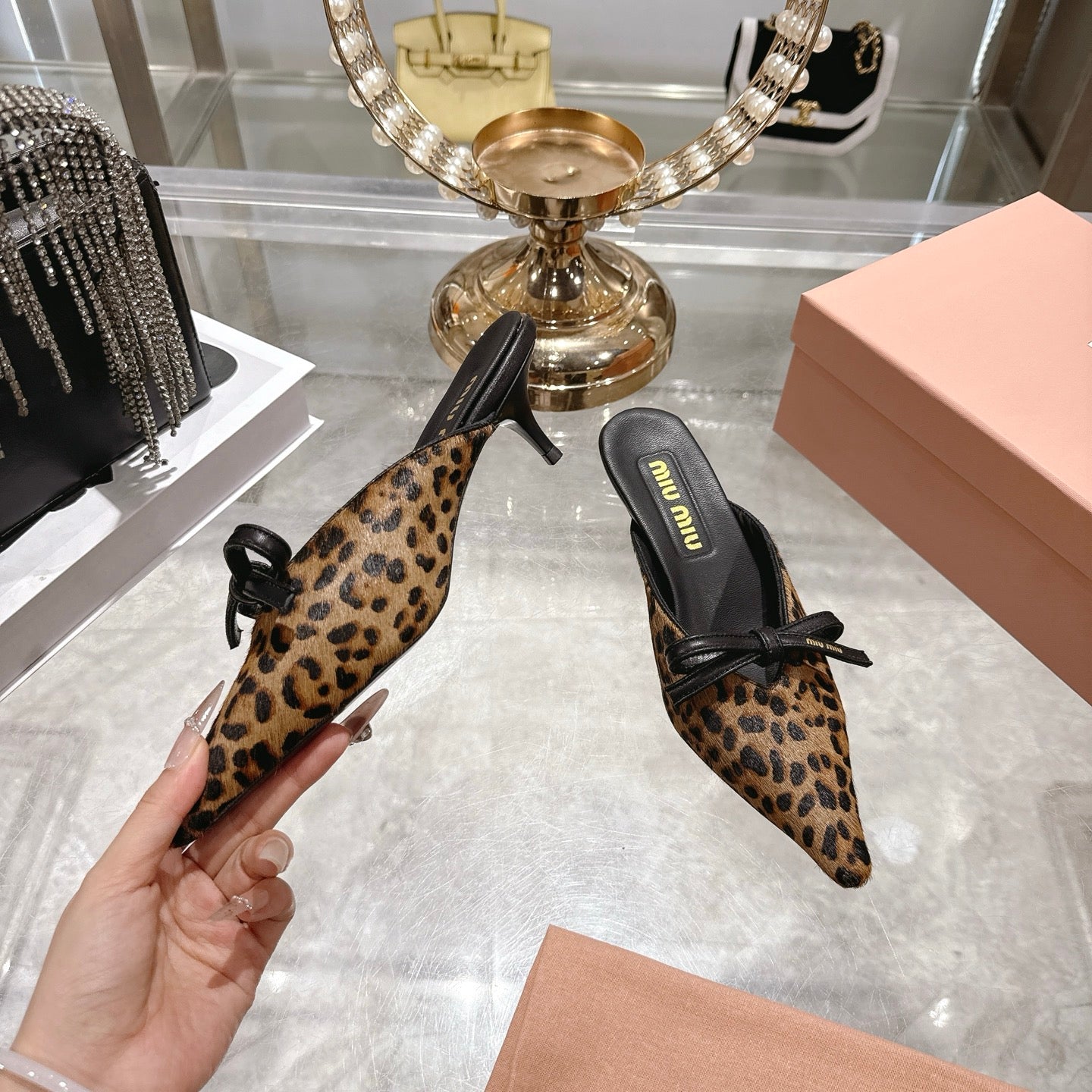Miu 26 Pointed Toe Mule 45 Leopard Print Sheepskin 592091