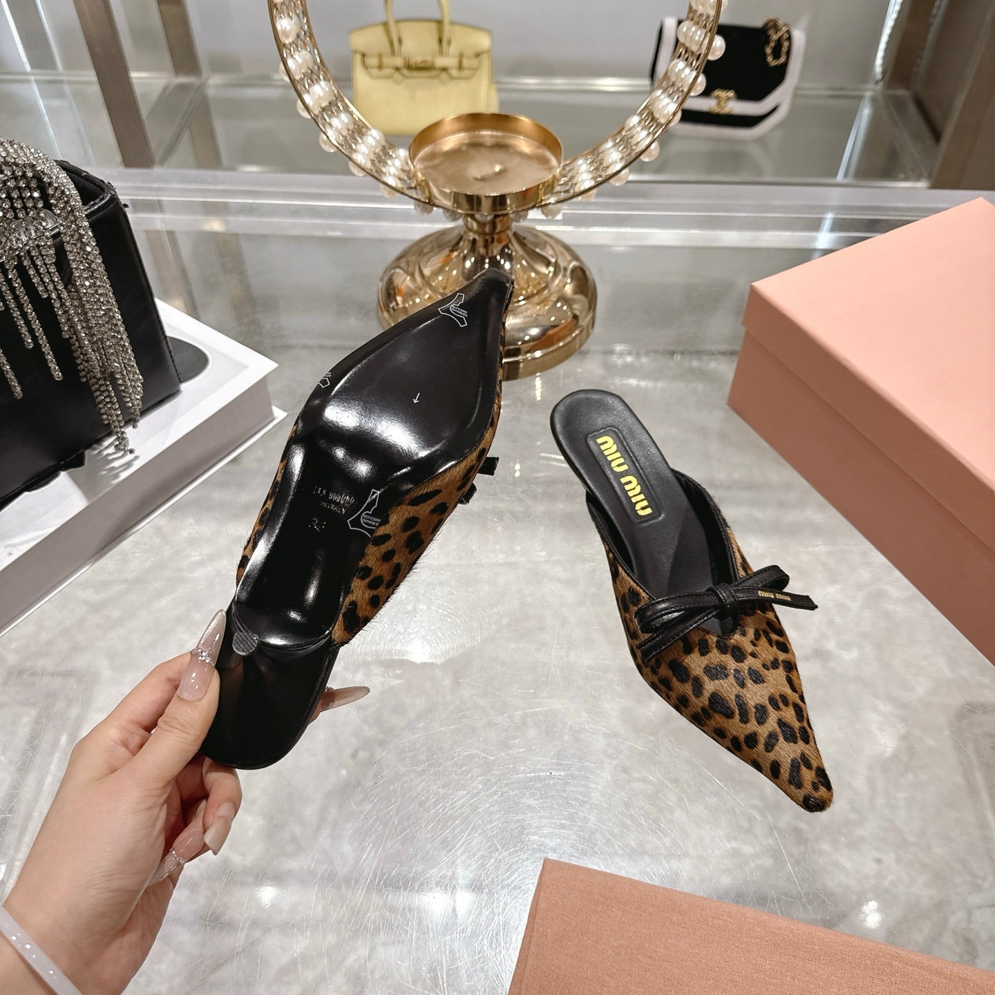 Miu 26 Pointed Toe Mule 45 Leopard Print Sheepskin 592091