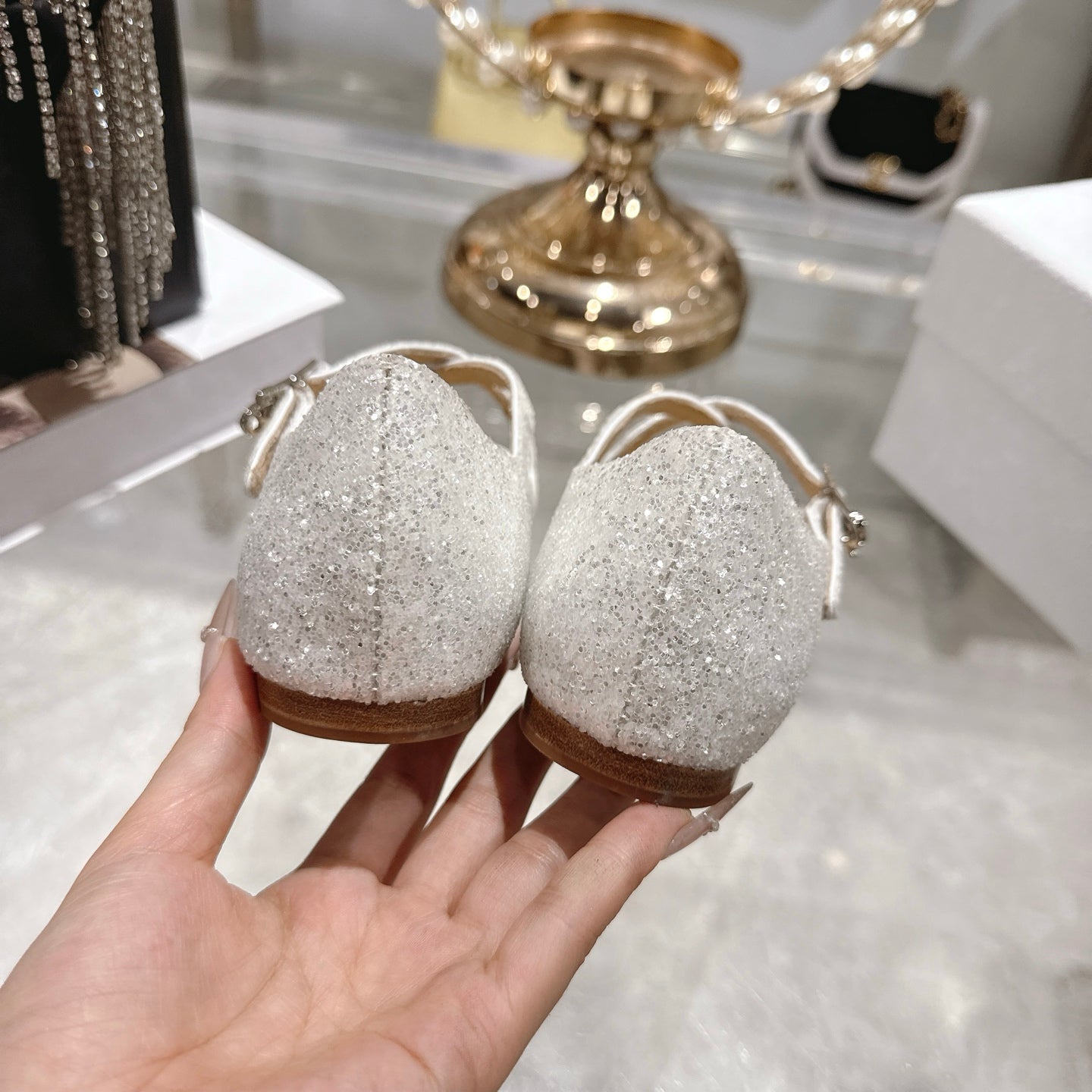 CD 26 Ballet Flats Metallic Silver Leather With Sequins 592214