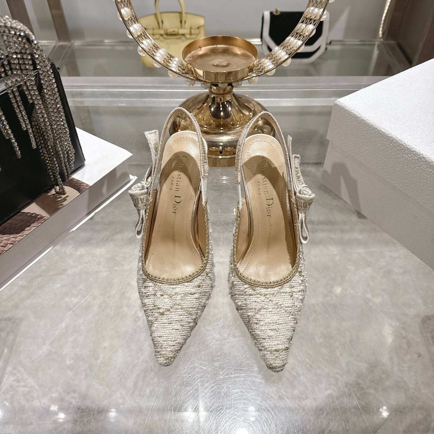 CD  26 Slingback 85mm Light Cream Gold Tweed 592230