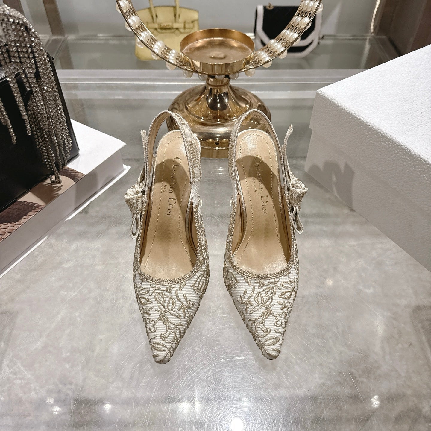 CD 26 Slingback Metallic Floral Embroidery 85mm Ivory Gold Tweed 592232