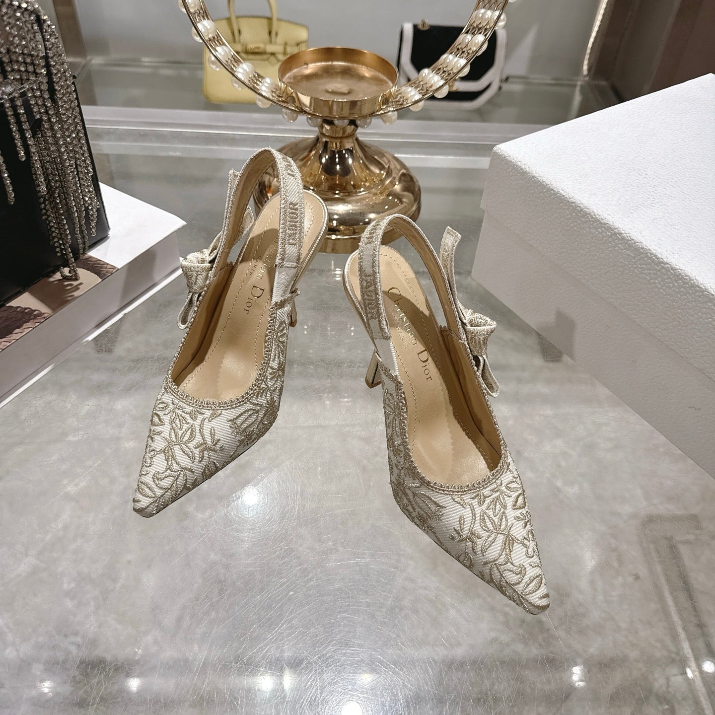 CD 26 Slingback Metallic Floral Embroidery 85mm Ivory Gold Tweed 592232