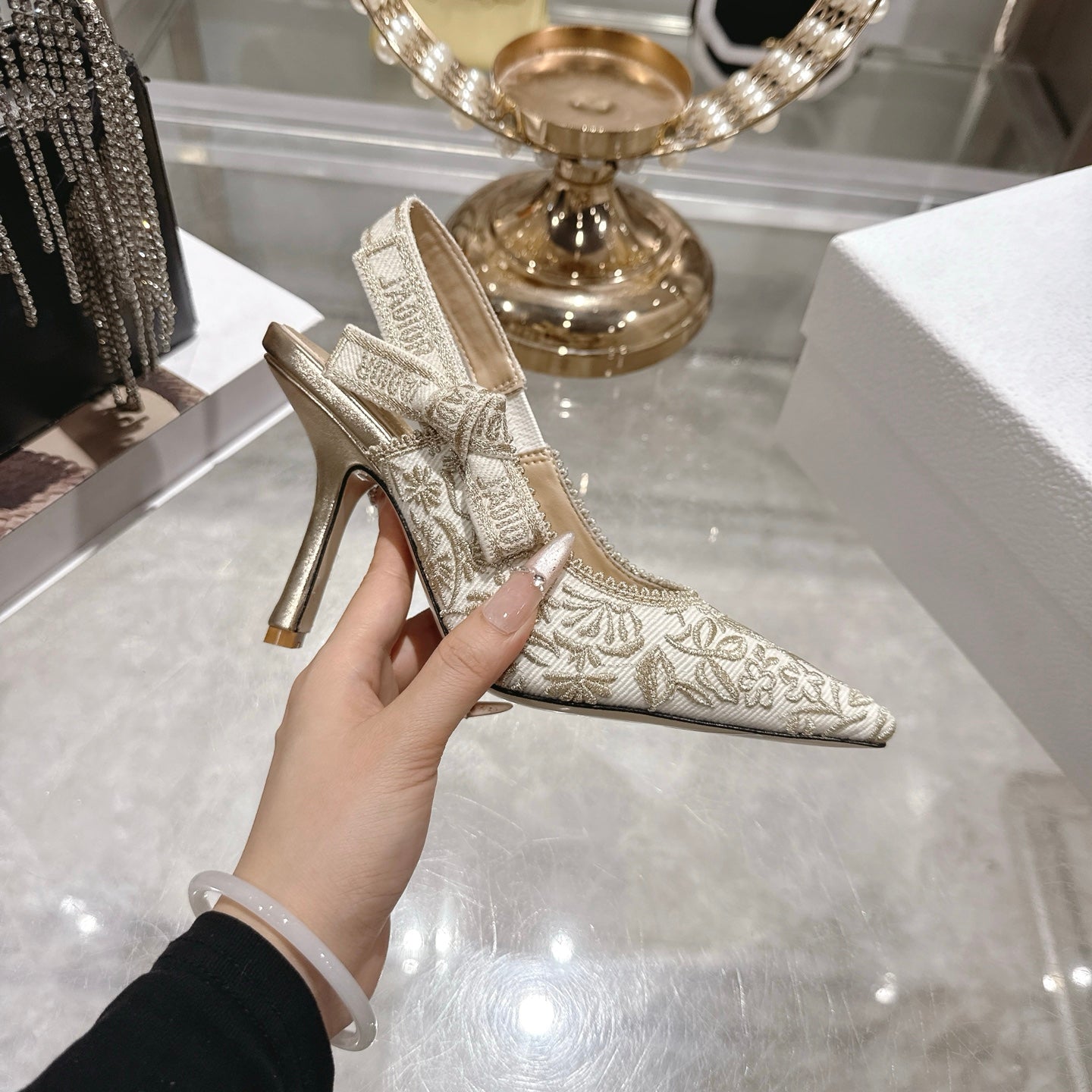 CD 26 Slingback Metallic Floral Embroidery 85mm Ivory Gold Tweed 592232