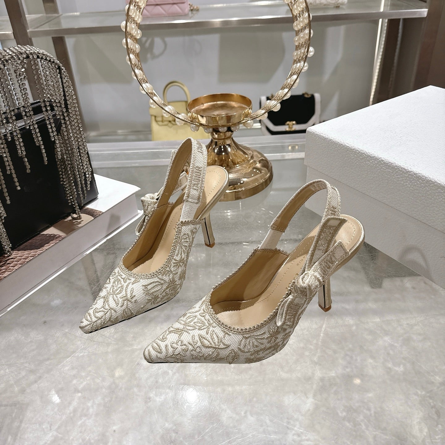 CD 26 Slingback Metallic Floral Embroidery 85mm Ivory Gold Tweed 592232