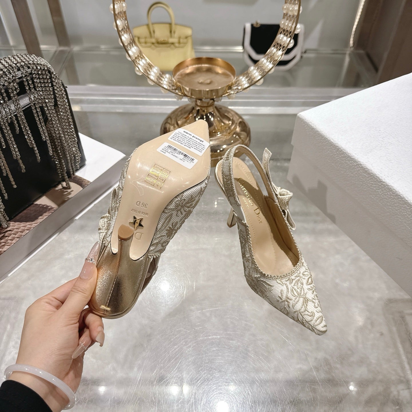 CD 26 Slingback Metallic Floral Embroidery 85mm Ivory Gold Tweed 592232