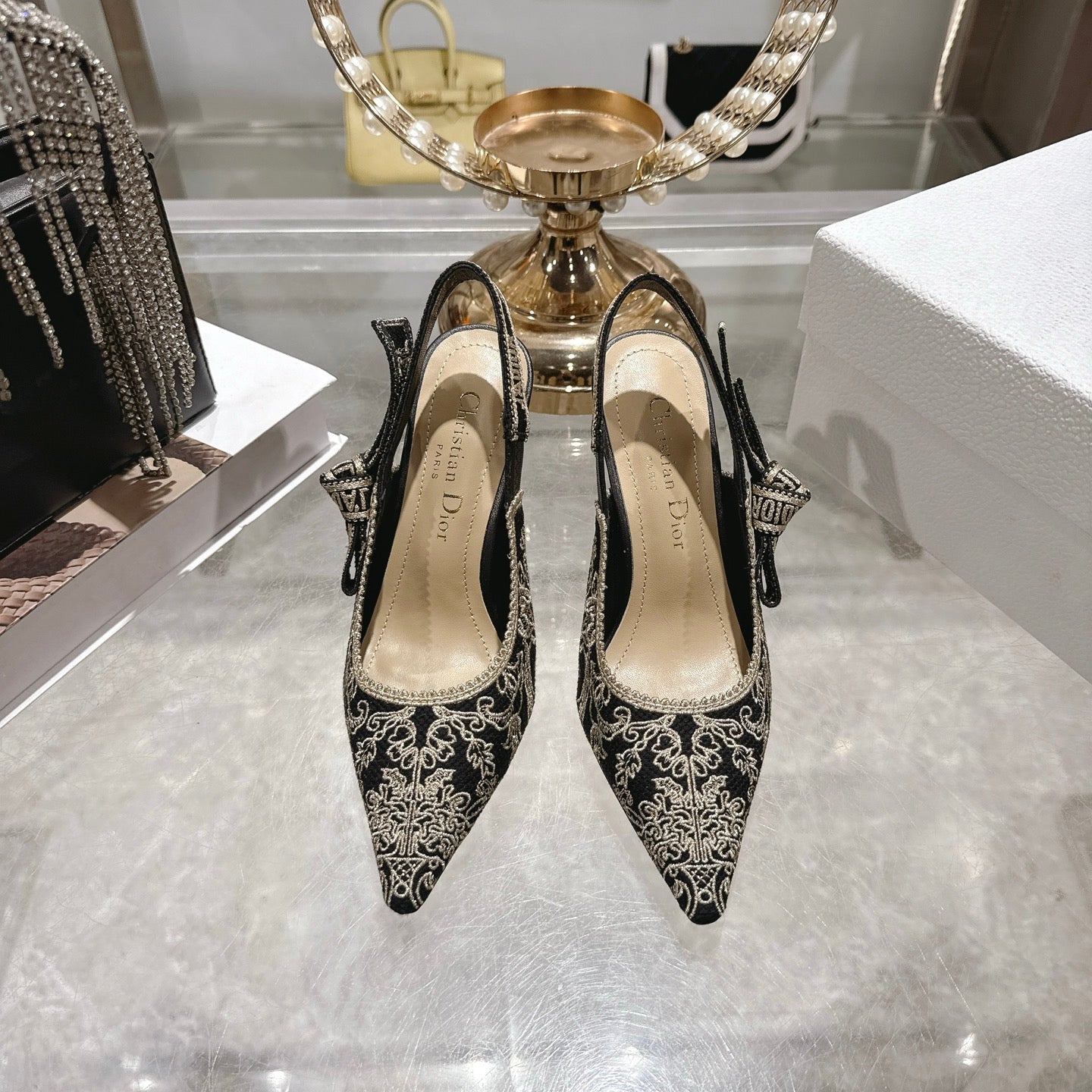 CD 26 Slingback Metallic Floral Embroidery 85mm Black Gold Tweed 592233