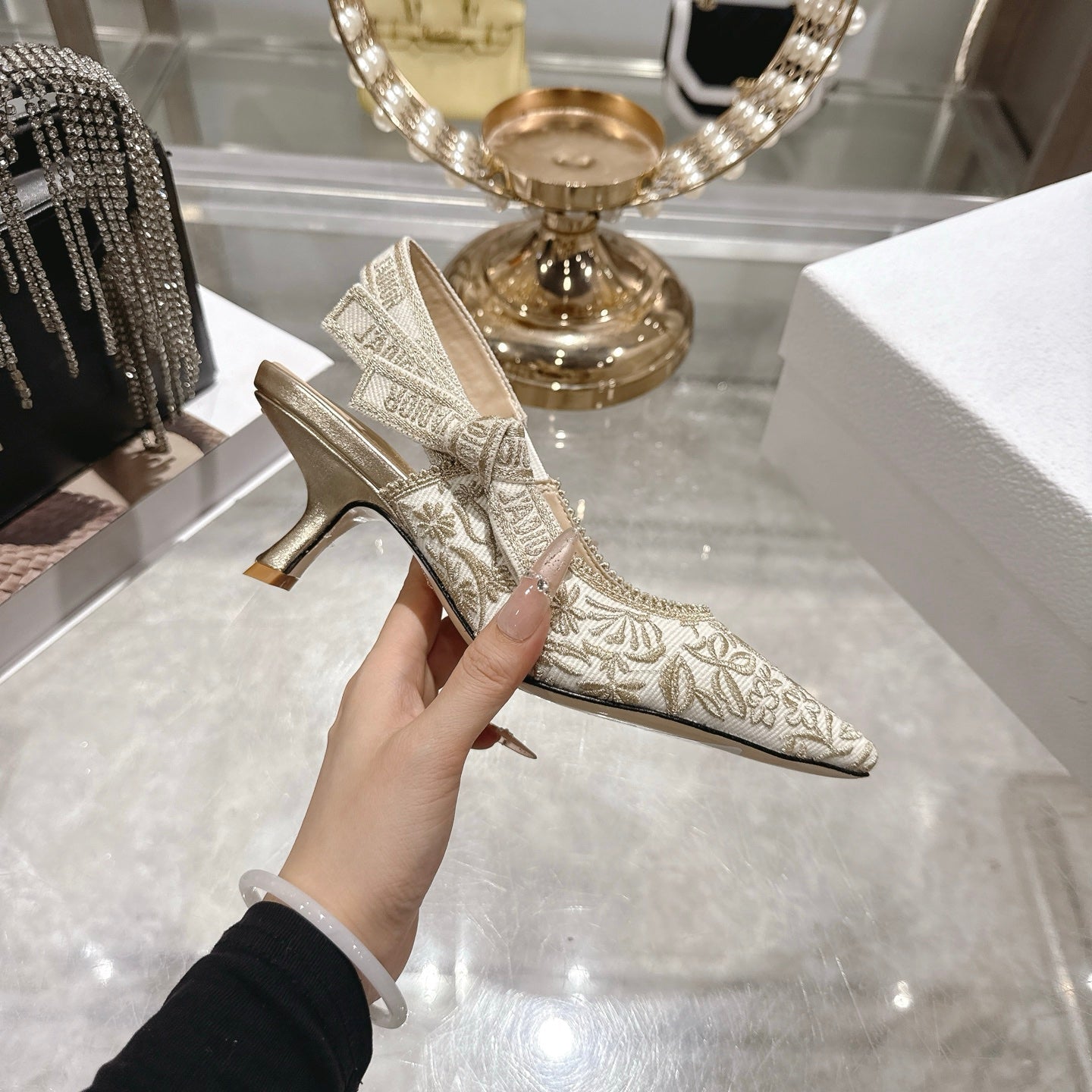 CC 26 Slingback Metallic Floral Embroidery 45mm Ivory Gold Tweed 592234