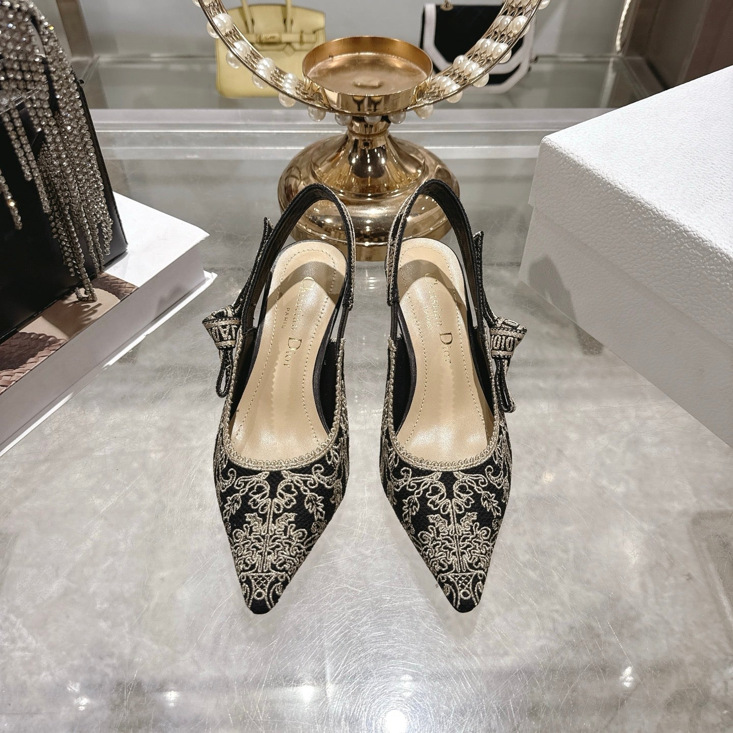 CD 26 Slingback Metallic Floral Embroidery 45mm Black Gold Tweed 592235