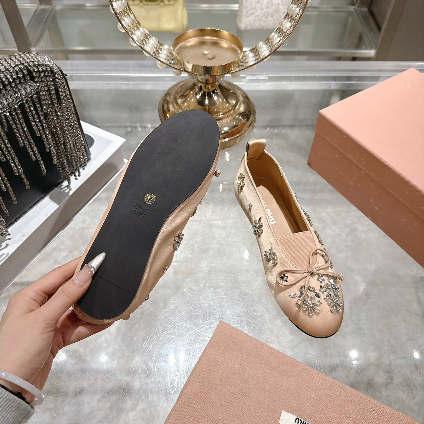 Miu 26 Ballet Flats with Crystal Rhinestones Light Pink Silk Satin  592101