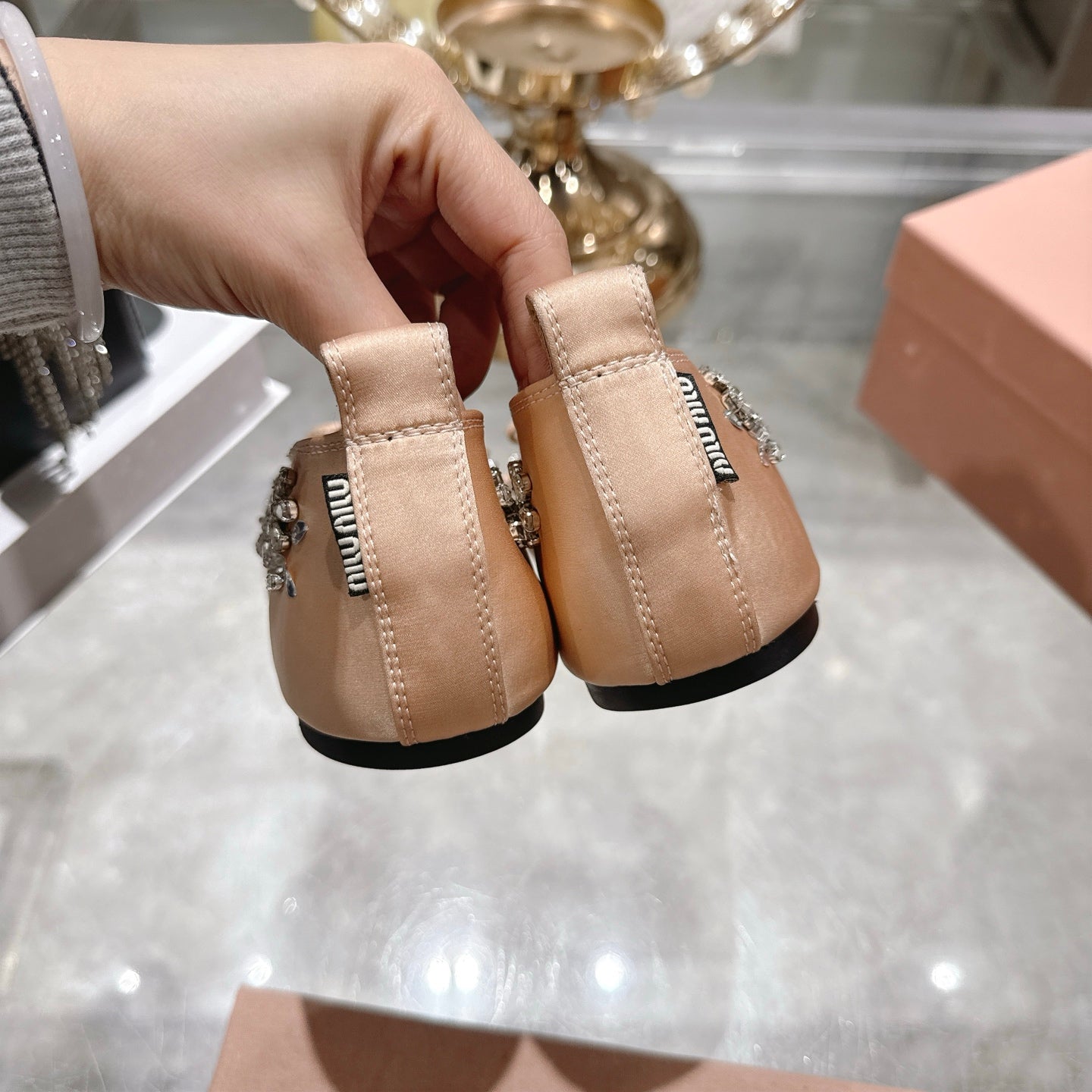 Miu 26 Ballet Flats with Crystal Rhinestones Light Pink Silk Satin  592101