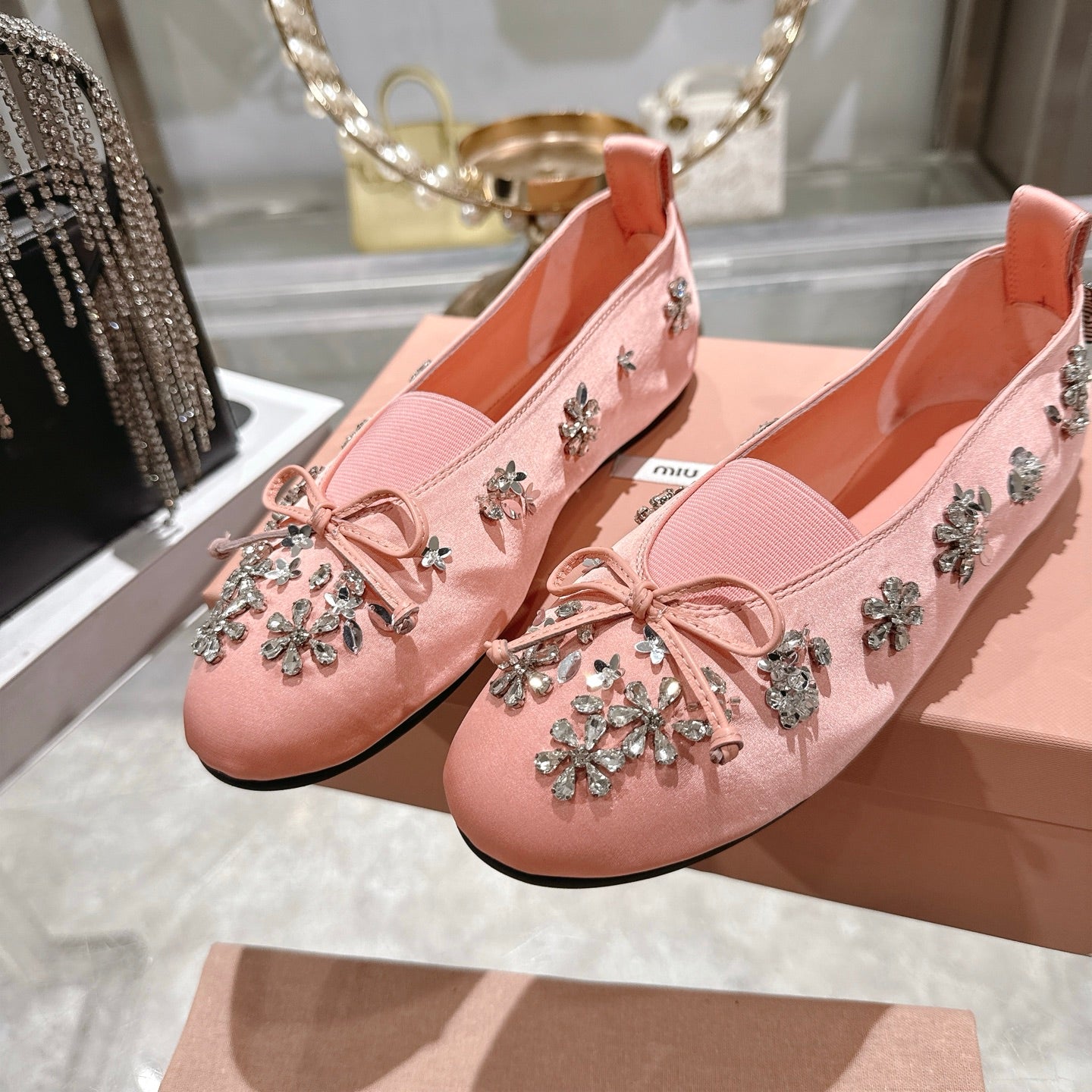 Miu 26 Ballet Flats with Crystal Rhinestones Pink Silk Satin 592102