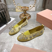 Miu 26 Ballet Flats with Crystal Rhinestones Lemony Yellow Silk Satin 592103