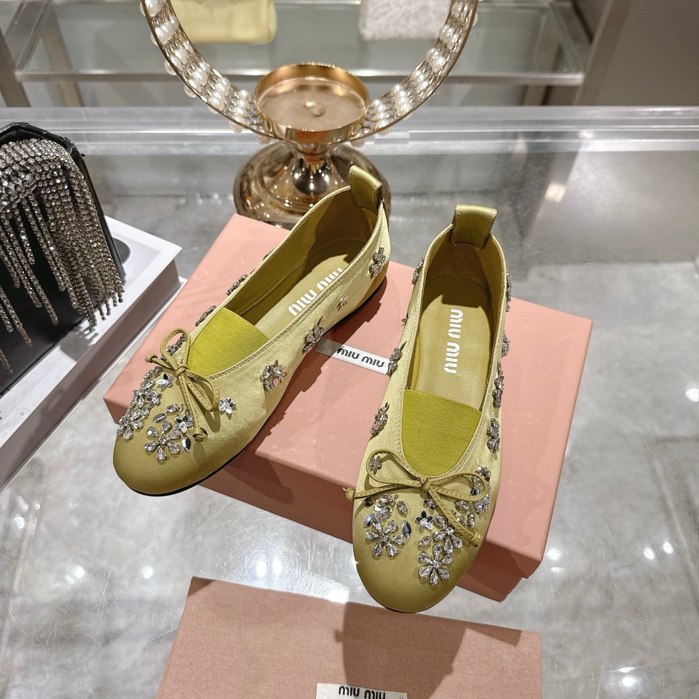 Miu 26 Ballet Flats with Crystal Rhinestones Lemony Yellow Silk Satin 592103
