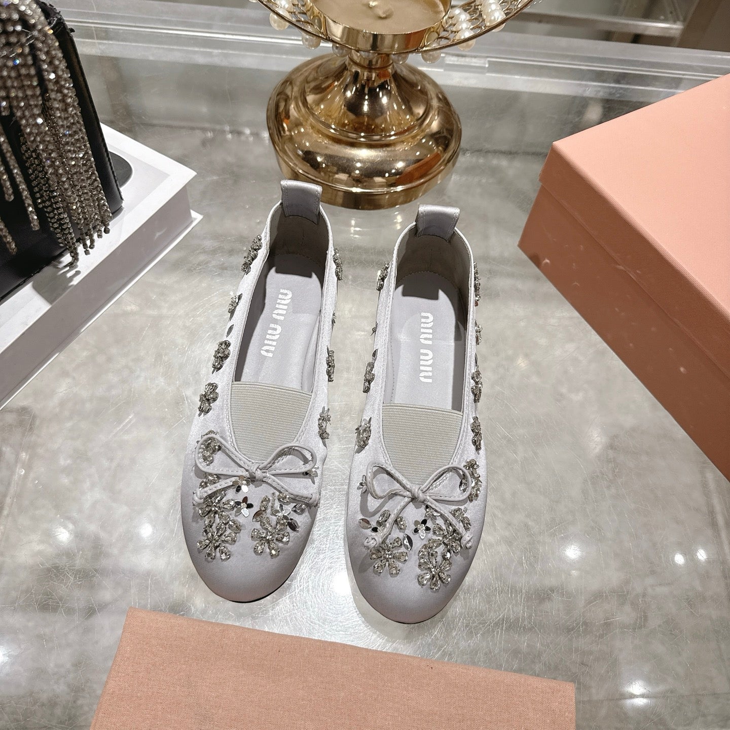 Miu 26 Ballet Flats with Crystal Rhinestones Gray Silk Satin 592104