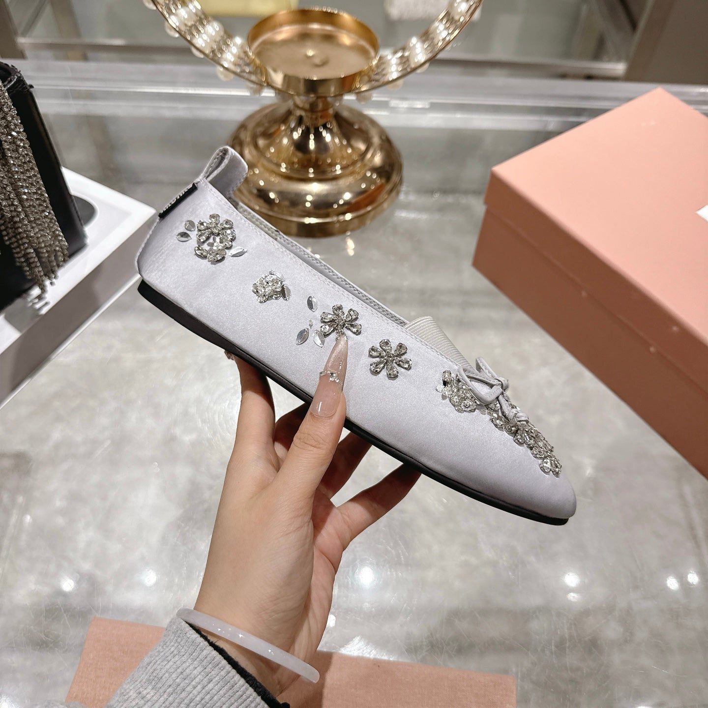 Miu 26 Ballet Flats with Crystal Rhinestones Gray Silk Satin 592104
