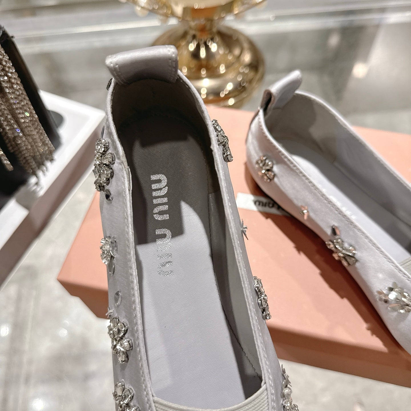 Miu 26 Ballet Flats with Crystal Rhinestones Gray Silk Satin 592104
