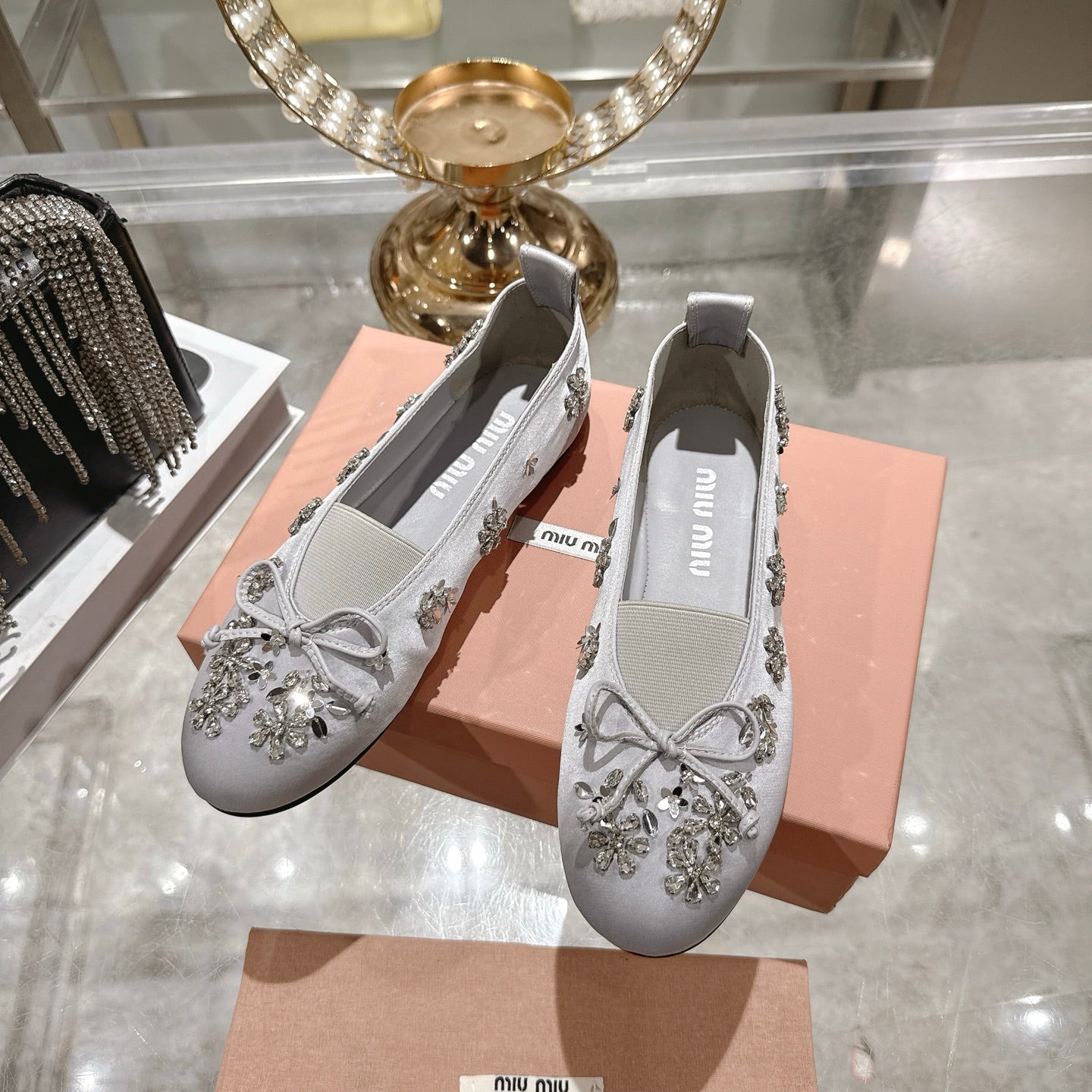Miu 26 Ballet Flats with Crystal Rhinestones Gray Silk Satin 592104