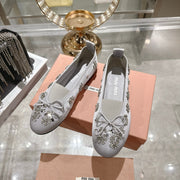 Miu 26 Ballet Flats with Crystal Rhinestones Gray Silk Satin 592104