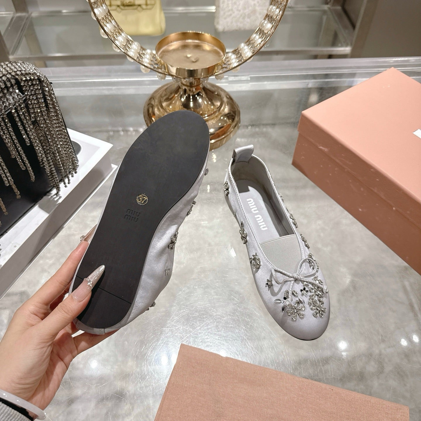Miu 26 Ballet Flats with Crystal Rhinestones Gray Silk Satin 592104