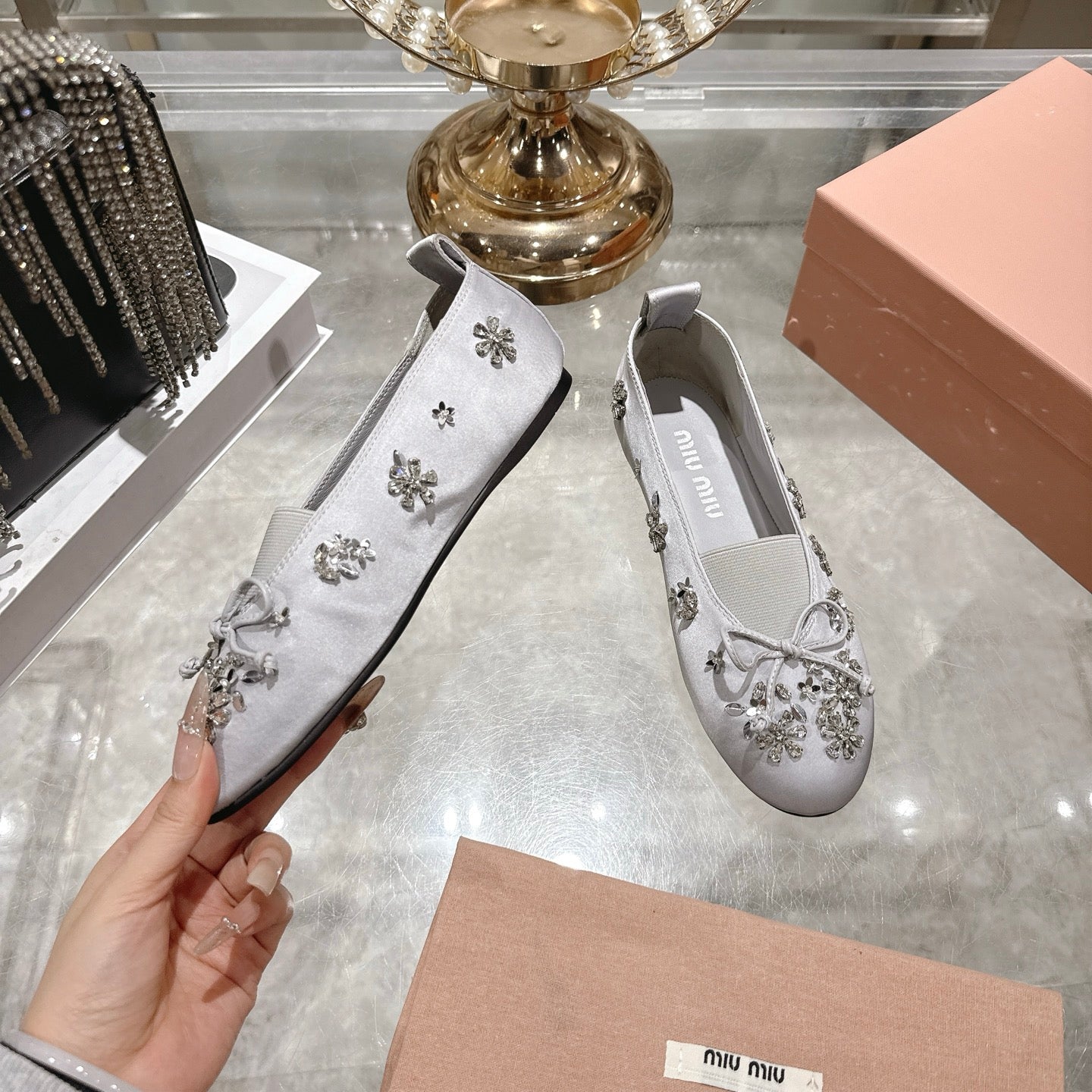 Miu 26 Ballet Flats with Crystal Rhinestones Gray Silk Satin 592104