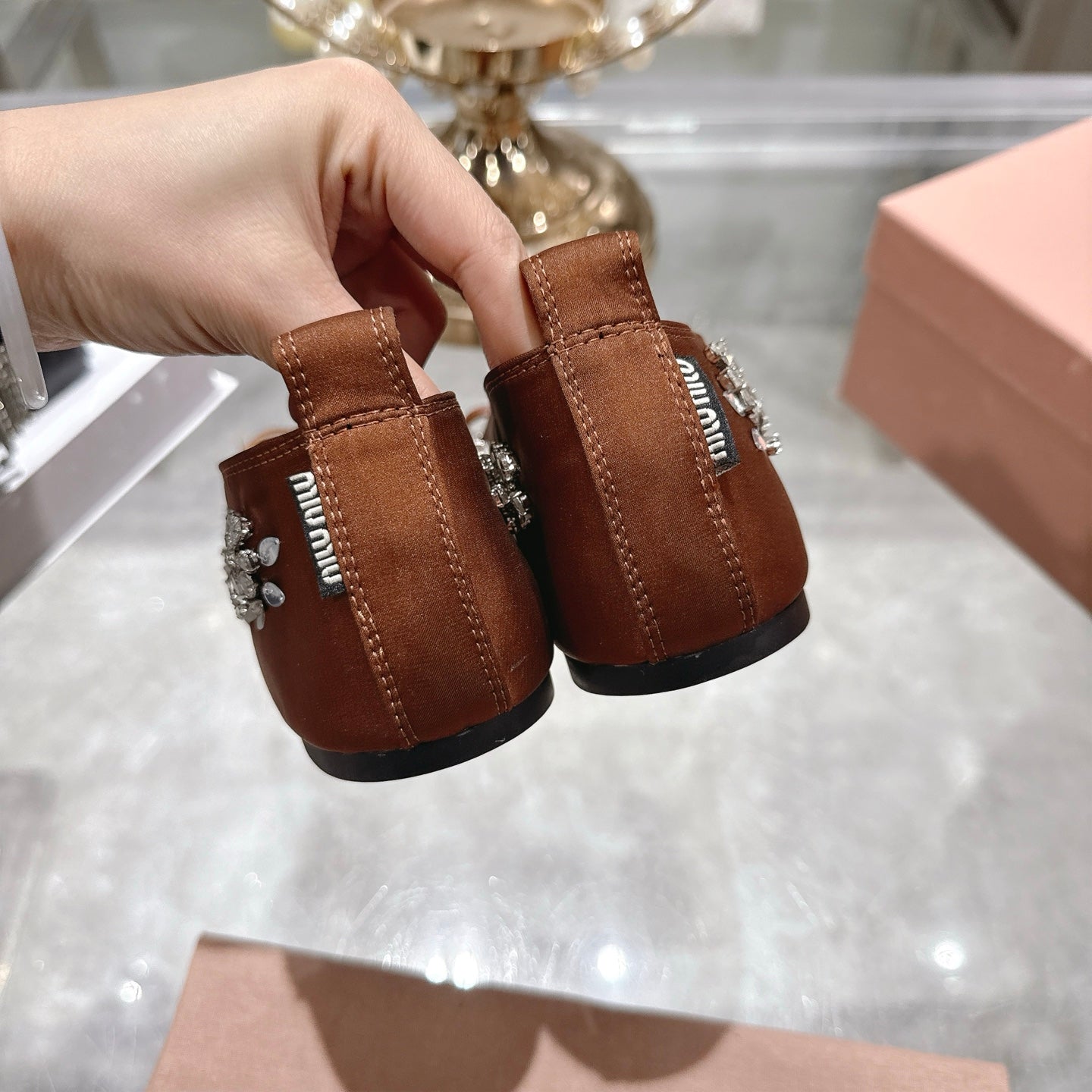 Miu 26 Ballet Flats with Crystal Rhinestones Brown Silk Satin 592105