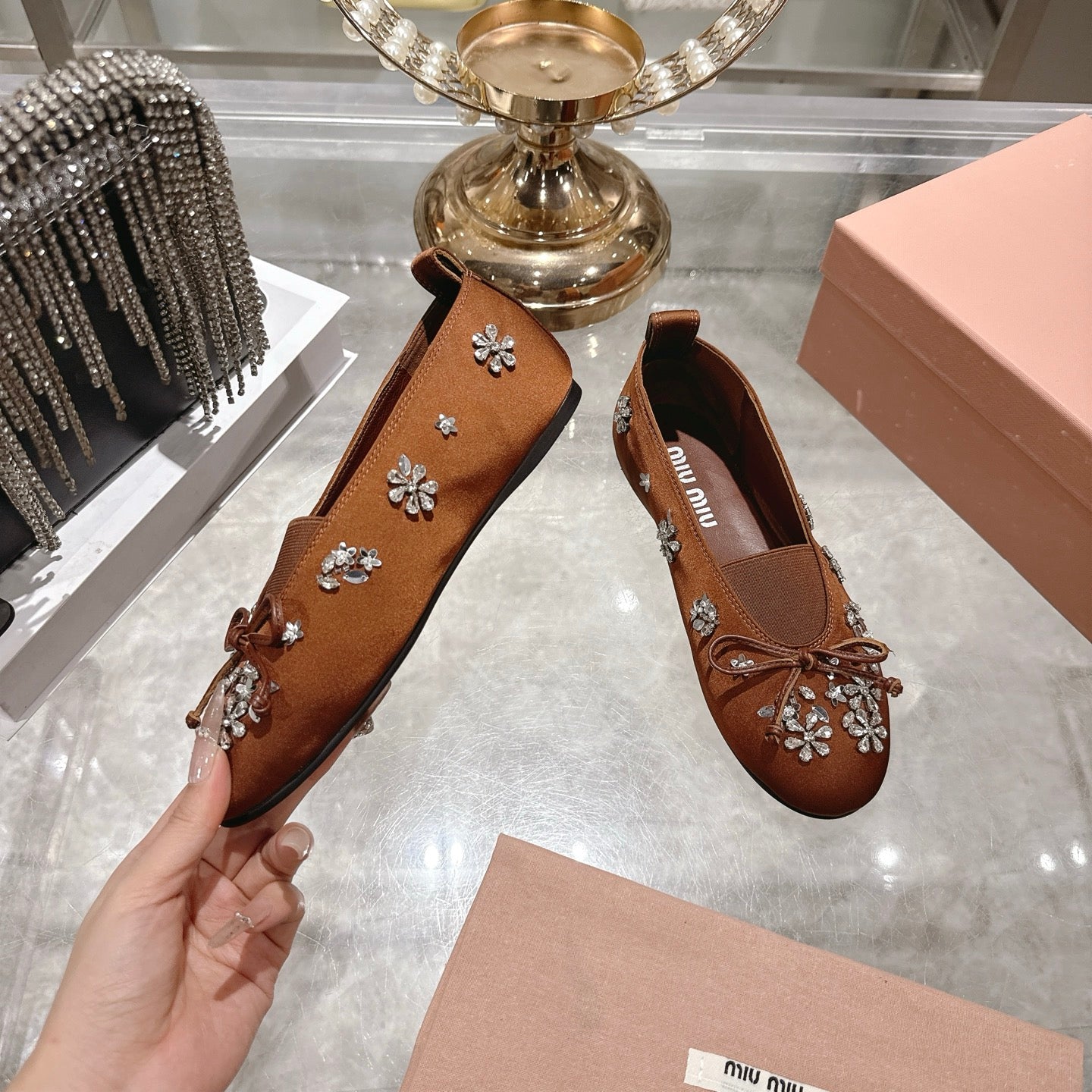 Miu 26 Ballet Flats with Crystal Rhinestones Brown Silk Satin 592105