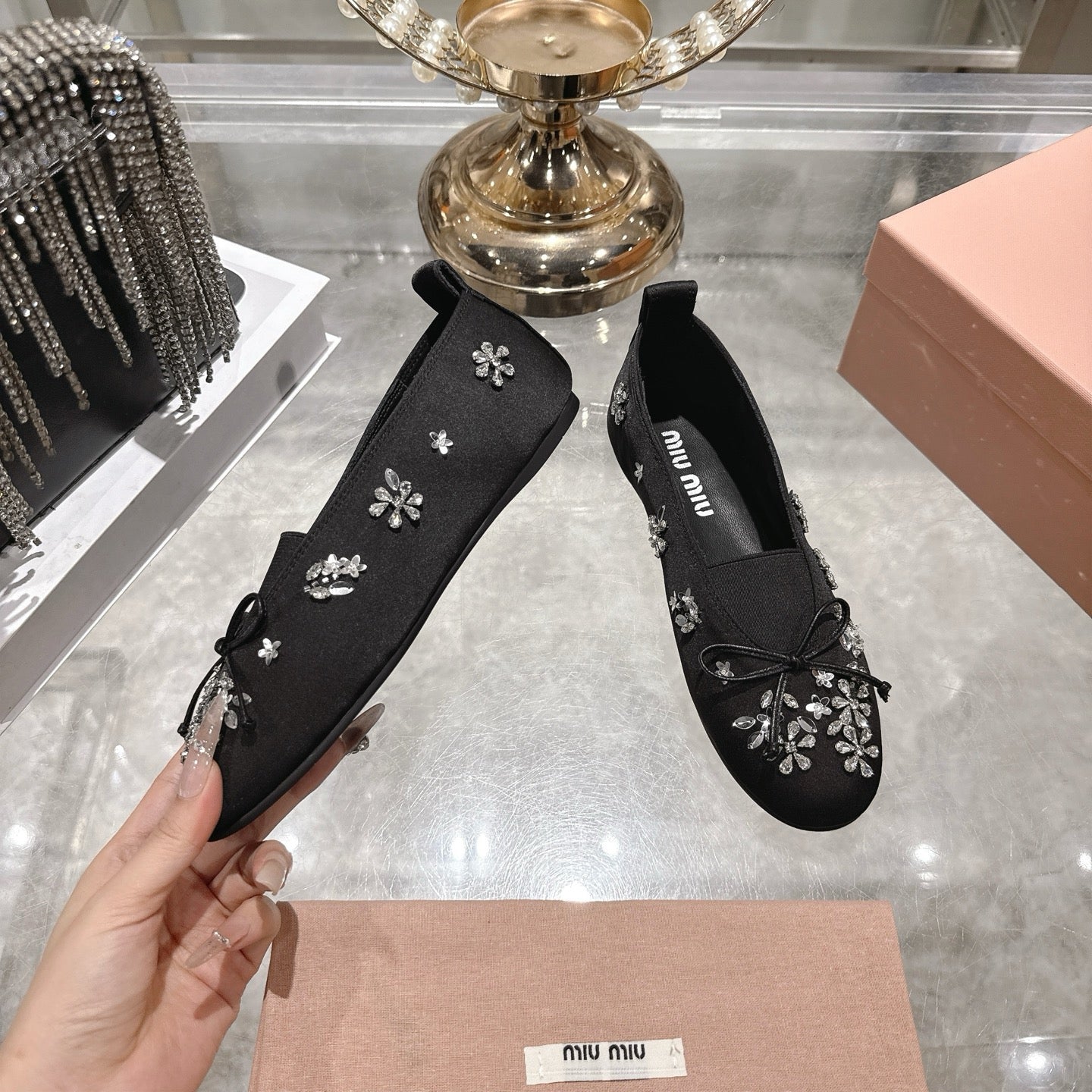 Miu 26 Ballet Flats with Crystal Rhinestones Black Silk Satin 592106
