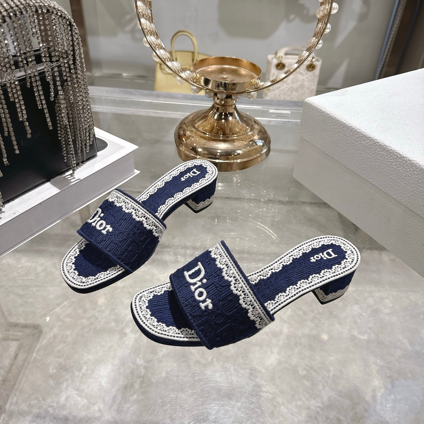 CD  26 Embroidered Sandals 45mm Dark Blue White Canvas 592238