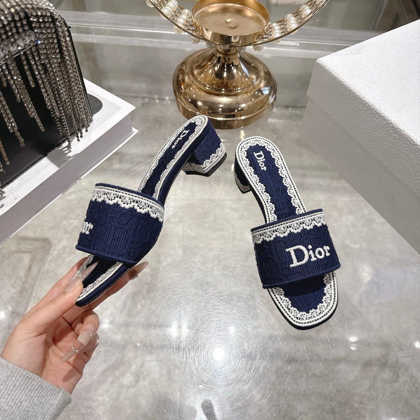 CD  26 Embroidered Sandals 45mm Dark Blue White Canvas 592238