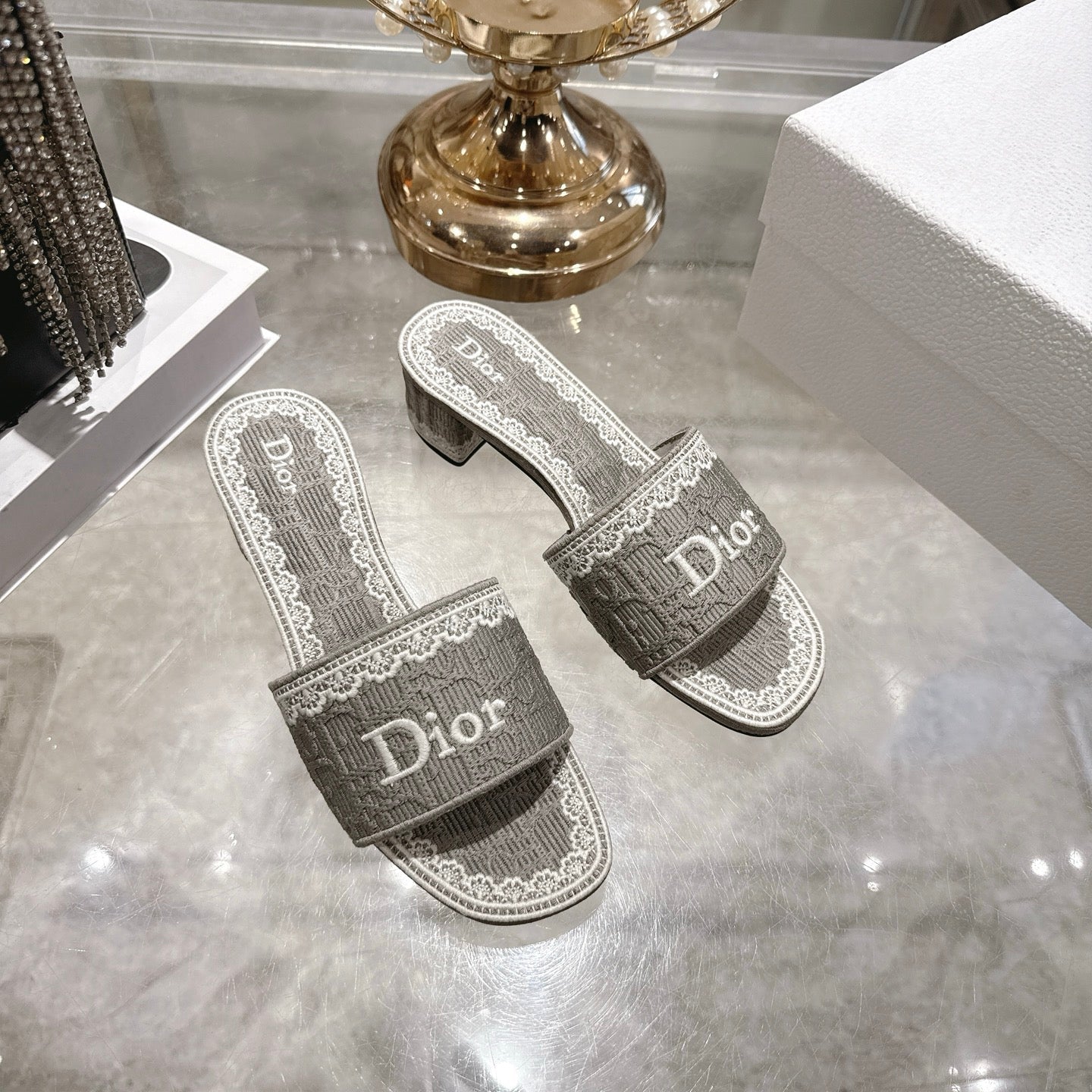 CD 26 Embroidered Sandals 45mm Gray White Canvas 592239