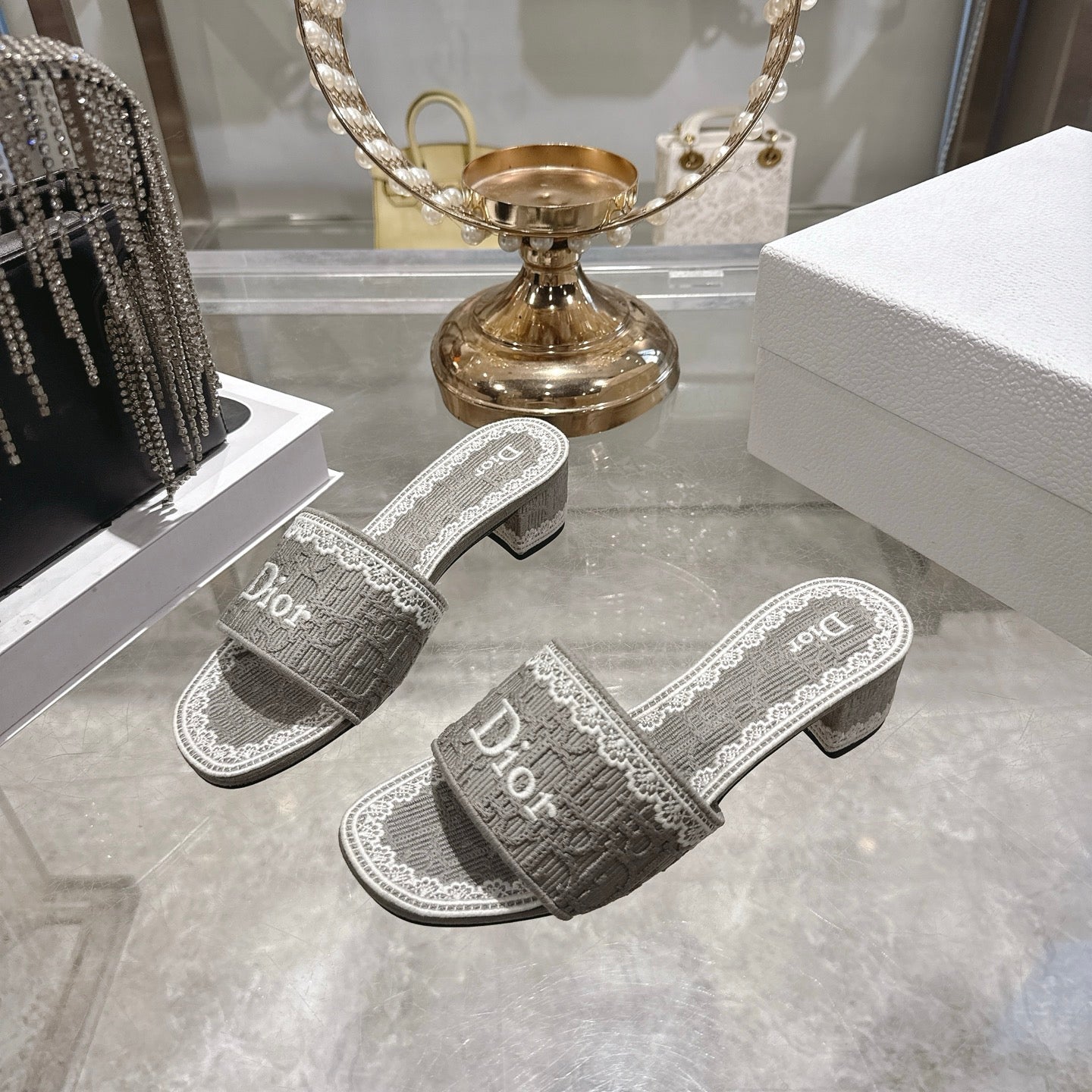 CD 26 Embroidered Sandals 45mm Gray White Canvas 592239