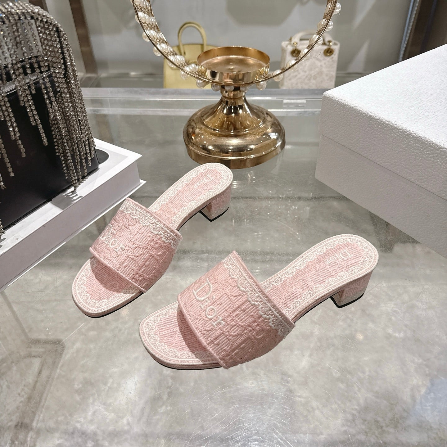 CD 26 Embroidered Sandals 45mm Pink White Canvas 592241