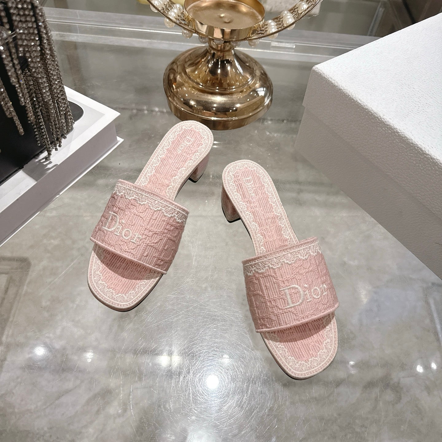 CD 26 Embroidered Sandals 45mm Pink White Canvas 592241