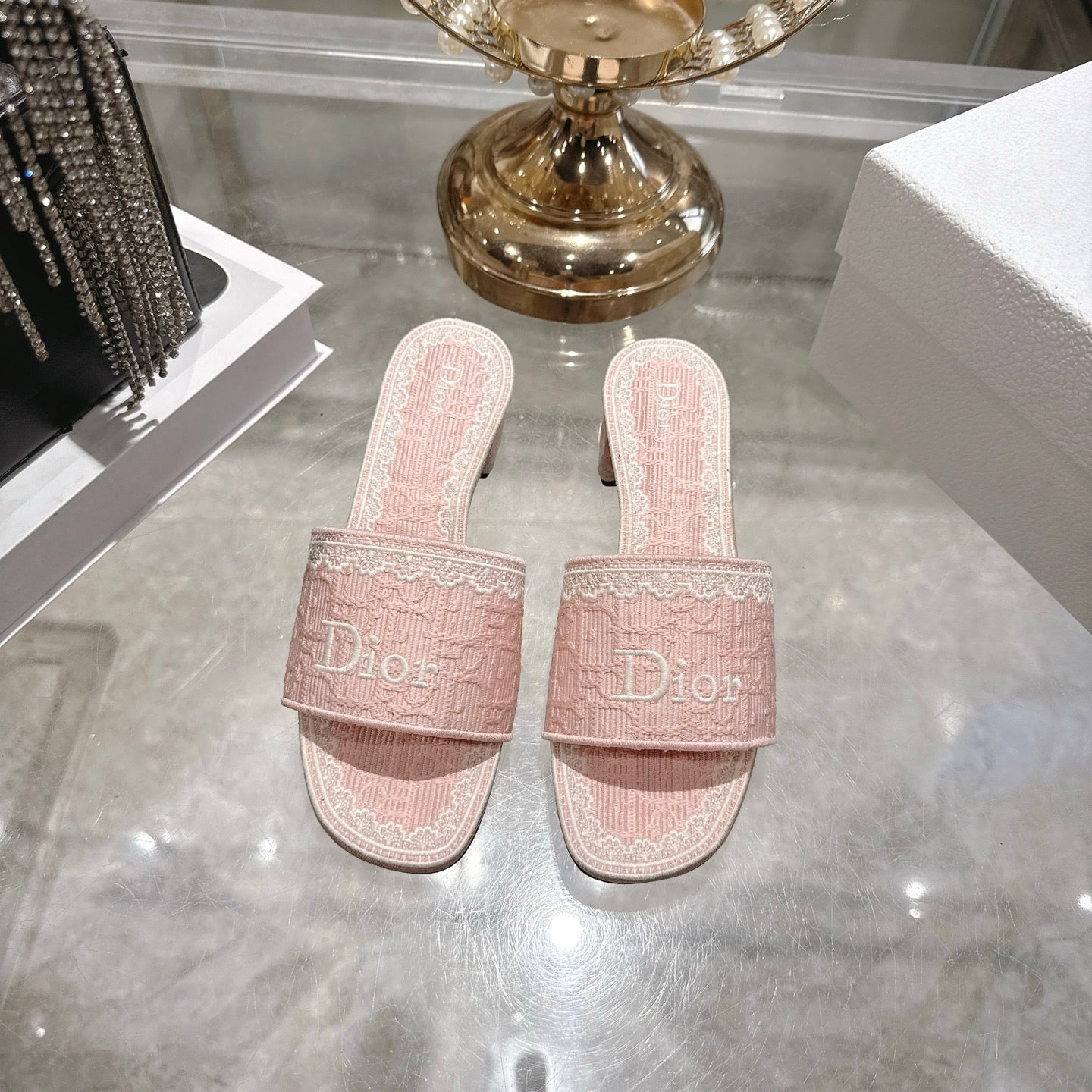 CD 26 Embroidered Sandals 45mm Pink White Canvas 592241