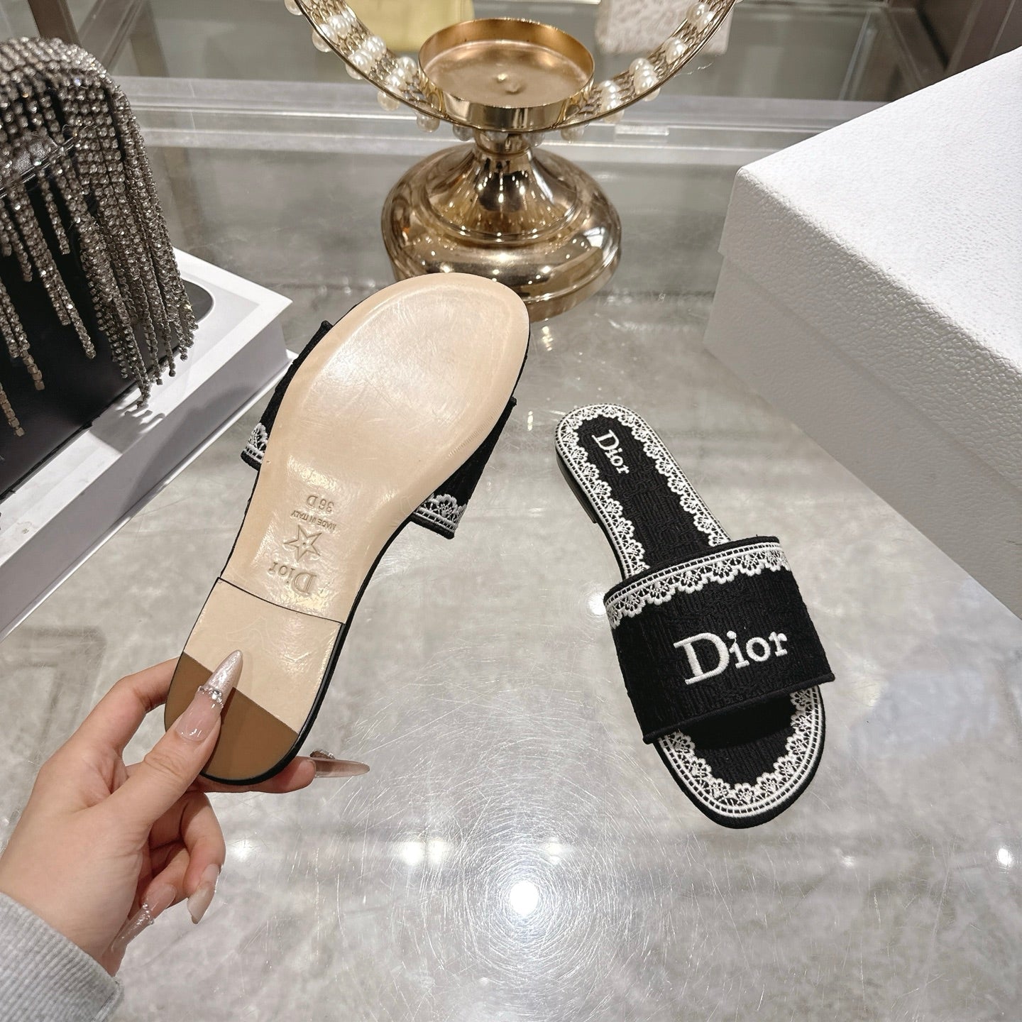 CC 26 Embroidered Sandals Black White Canvas 592246