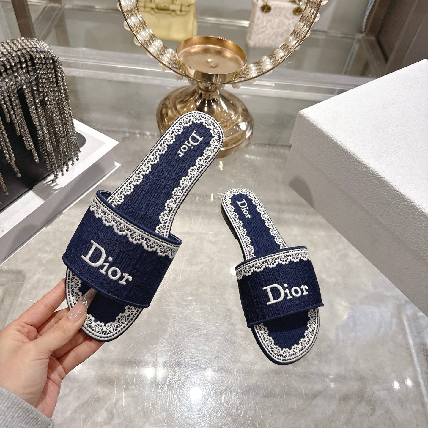 CC 26 Embroidered Sandals Blue White Canvas 592244