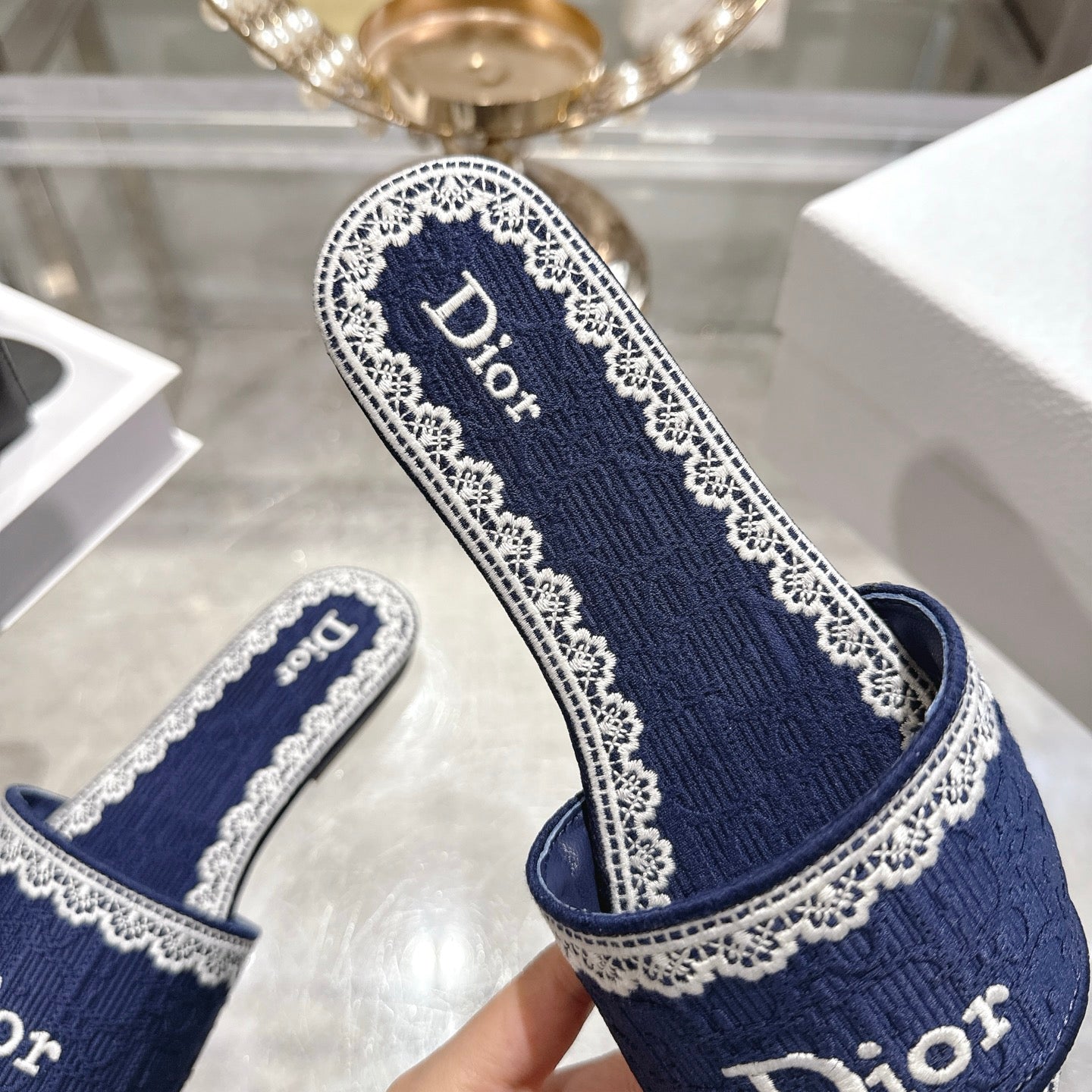 CC 26 Embroidered Sandals Blue White Canvas 592244